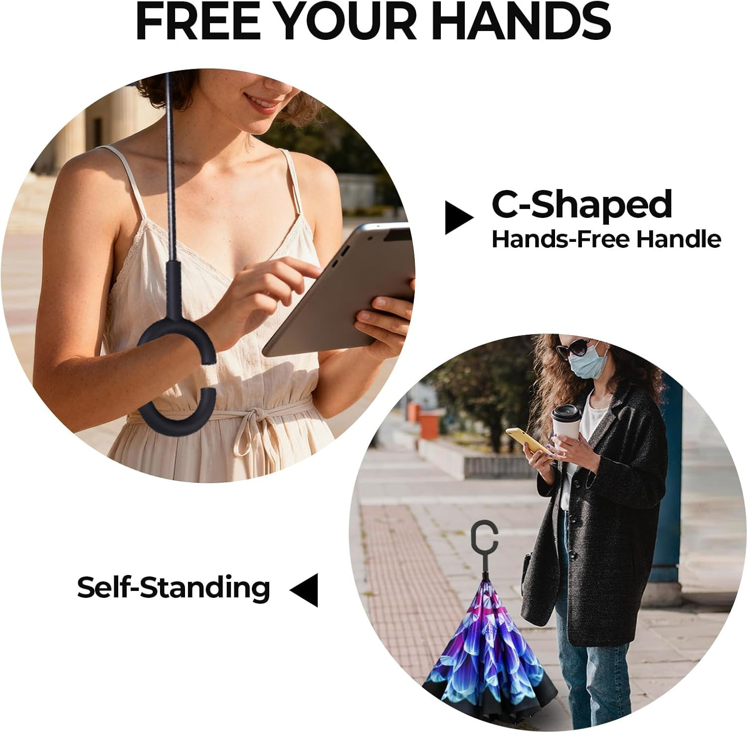 Windproof Inverted Umbrella, Large Reverse Umbrellas for Rain with C-Shaped Hand