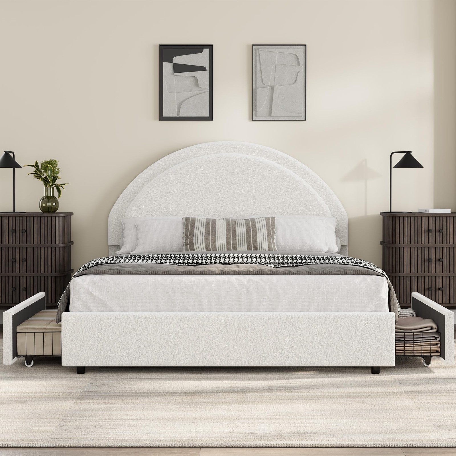 Queen Bed Frame, Headboard Boucle Upholstered Platform Bed Frame with 2 Drawers