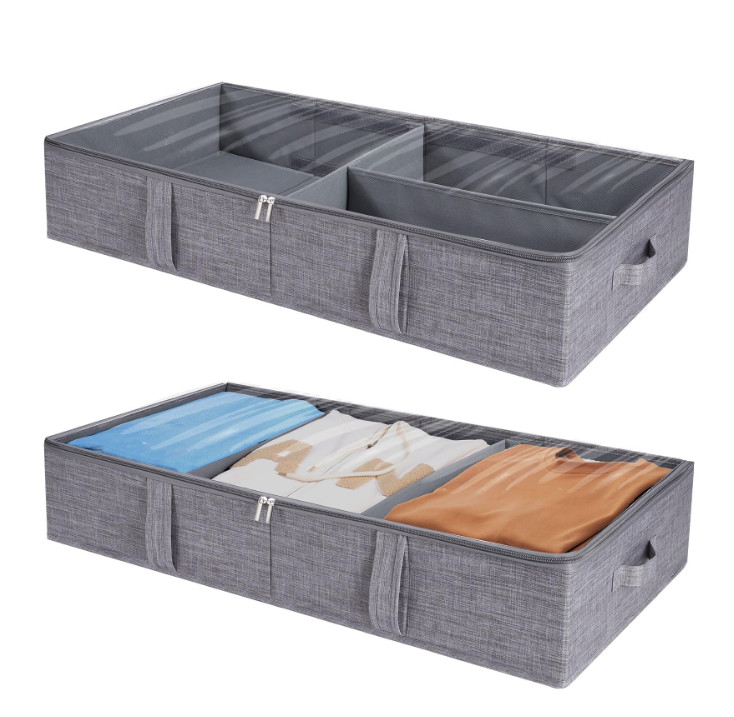 2 Pack 50L UnderBed Storage Box w/ Clear Lid Foldable w/ Adjustable Dividers