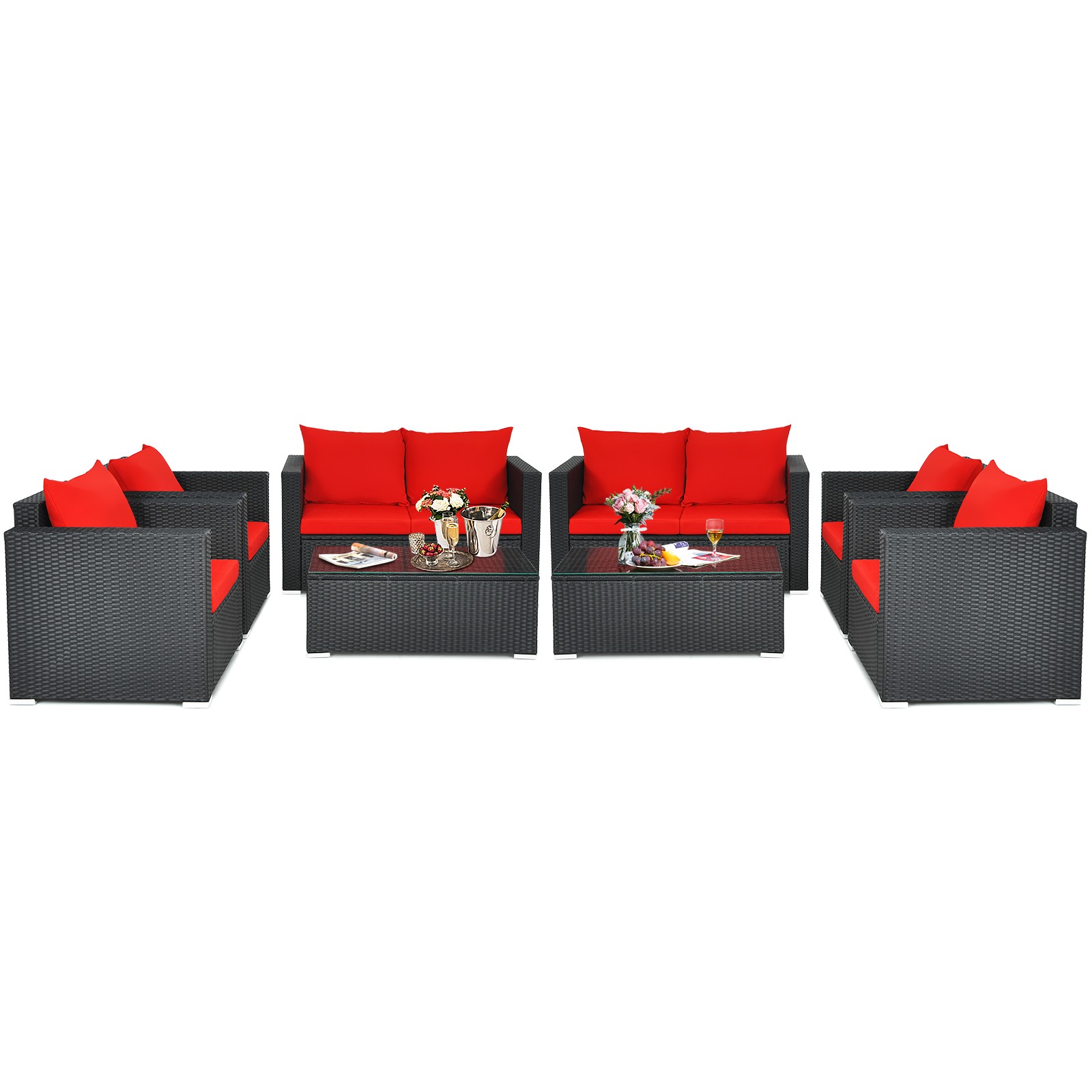 8PCS Patio Rattan Furniture Set Cushioned Sofa Chair Coffee Table Garden Red