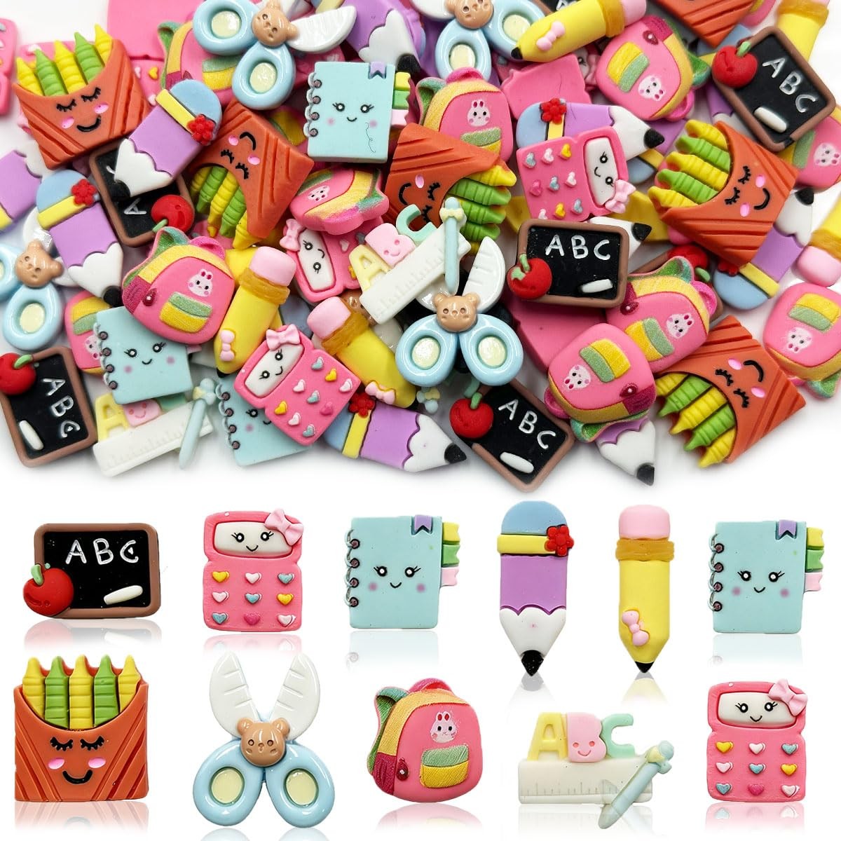 Back to School Flatback Resin Charms, 36Pcs School Supplies Cute Cartoon Teacher