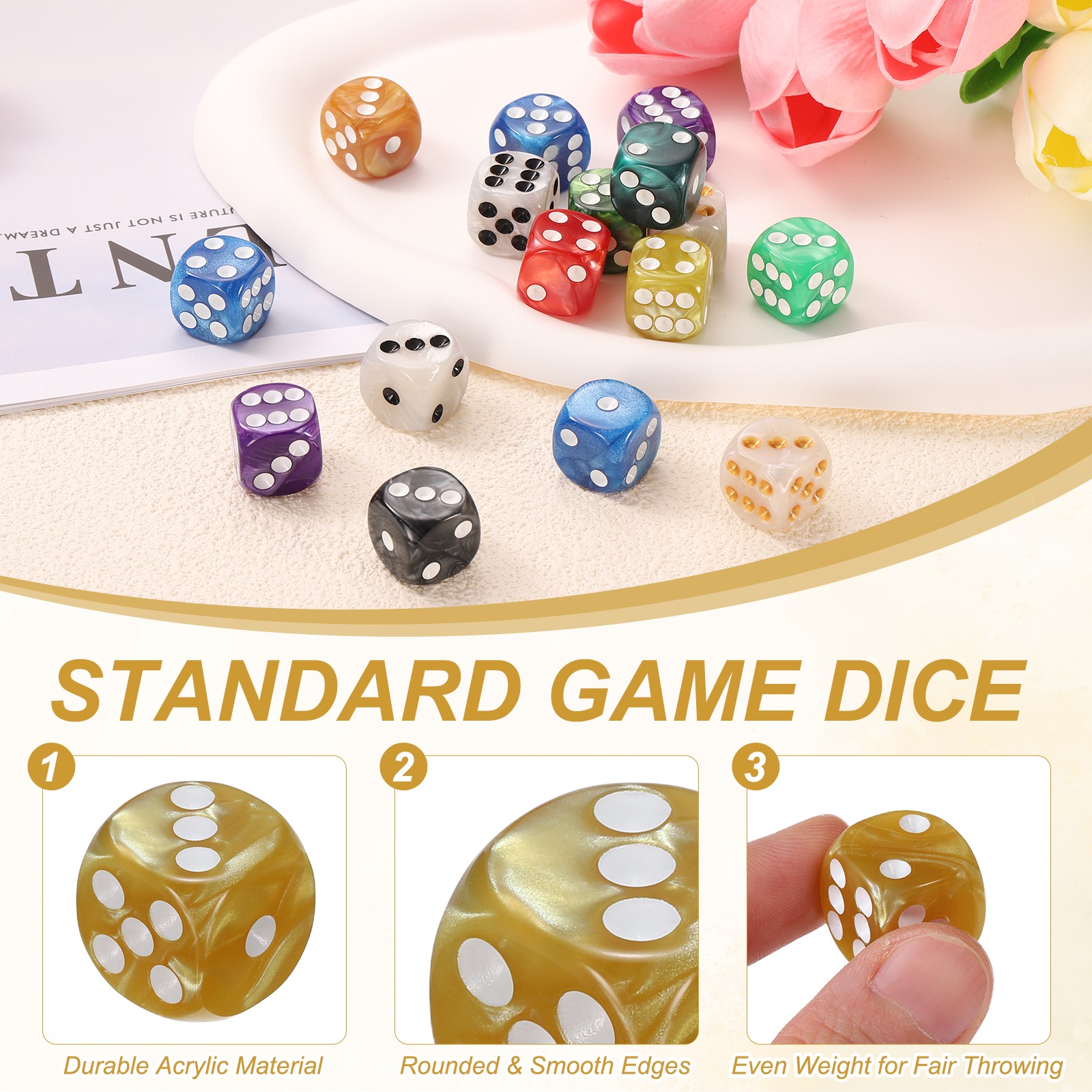 30Pcs Standard Game Dice Set 16mm Pearl Pattern Square Dice, Gold