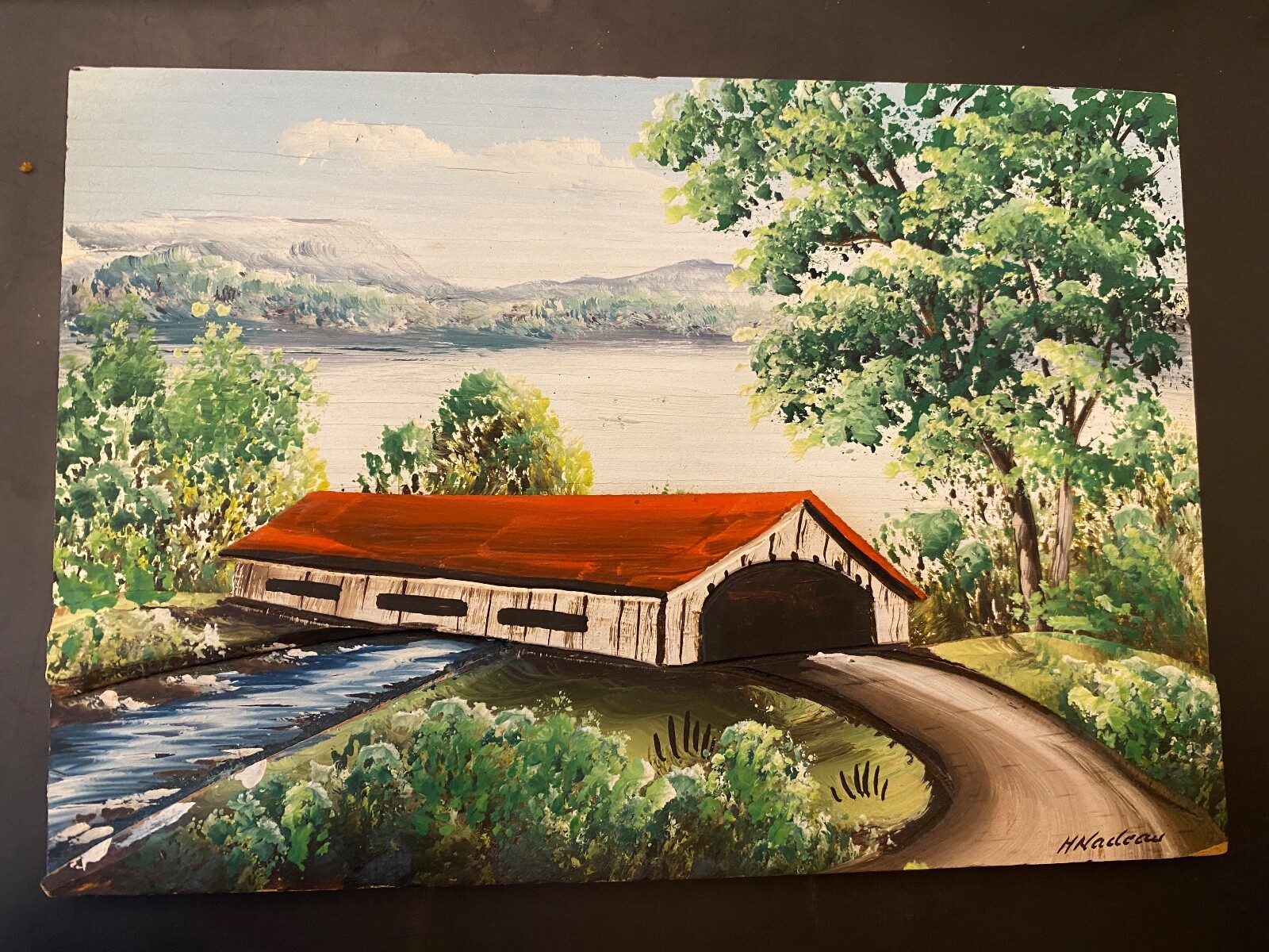 Hand Carved and Painted  3-D Picture Canada signed H. Nadeau Covered Bridge