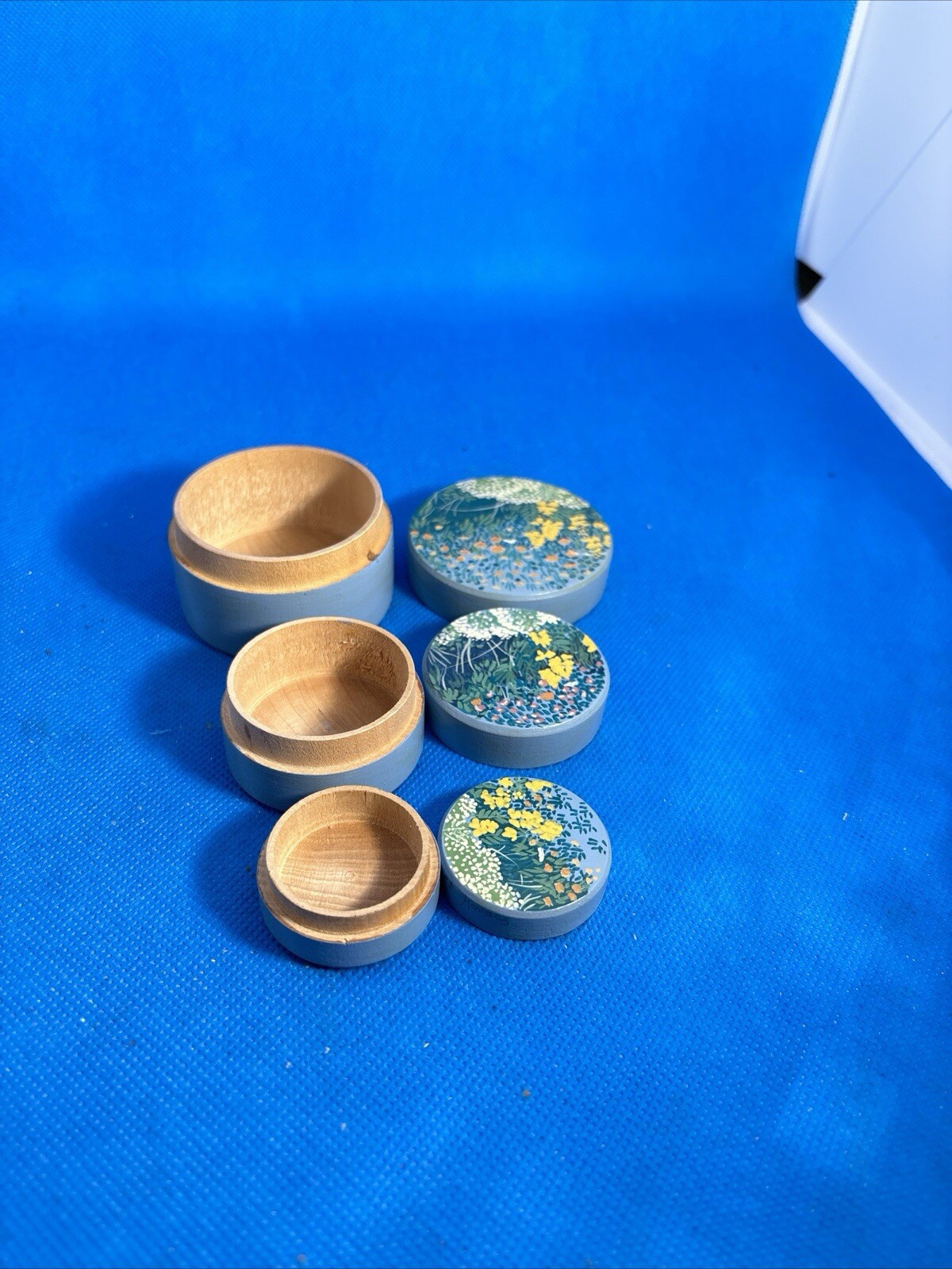 Nesting Trinket Boxes Blue Wood Floral 3 Boxes Small 2 1/2”