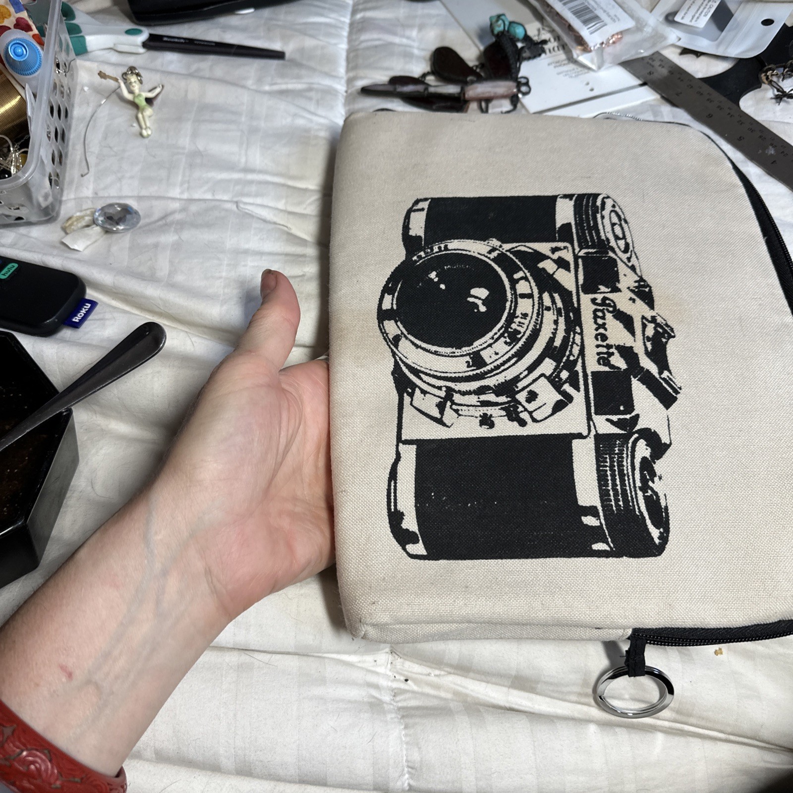 Paxette Camera Graphic Beige Zipper Closure Tech/Tablet Case