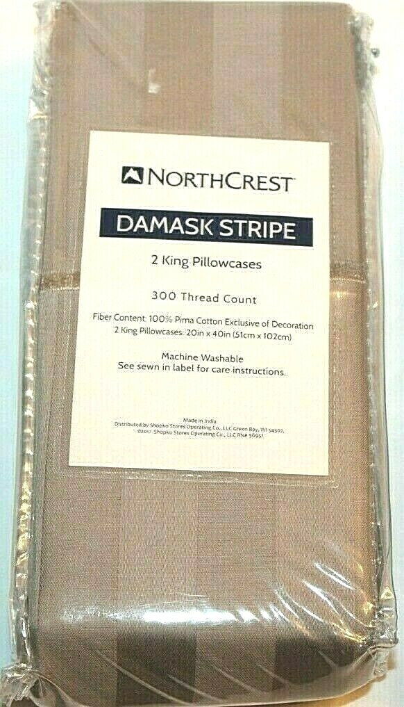 NorthCrest 2 King Pillowcases  300 TC  Grey  Damask Stripe  Pima Cotton