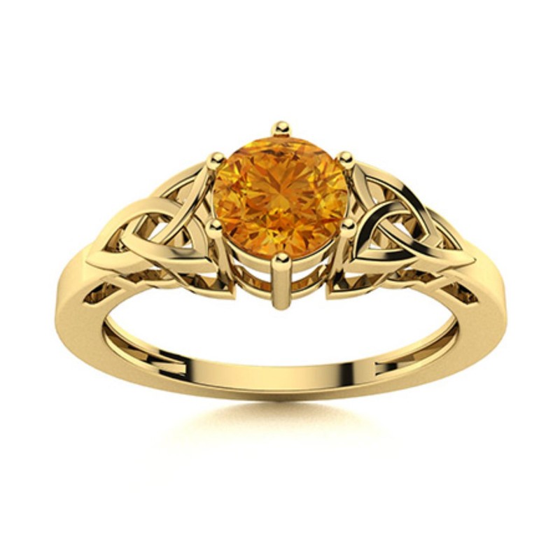 925 Sterling Silver Gold Plated Solitaire 5MM Round Citrine Celtic Women Ring