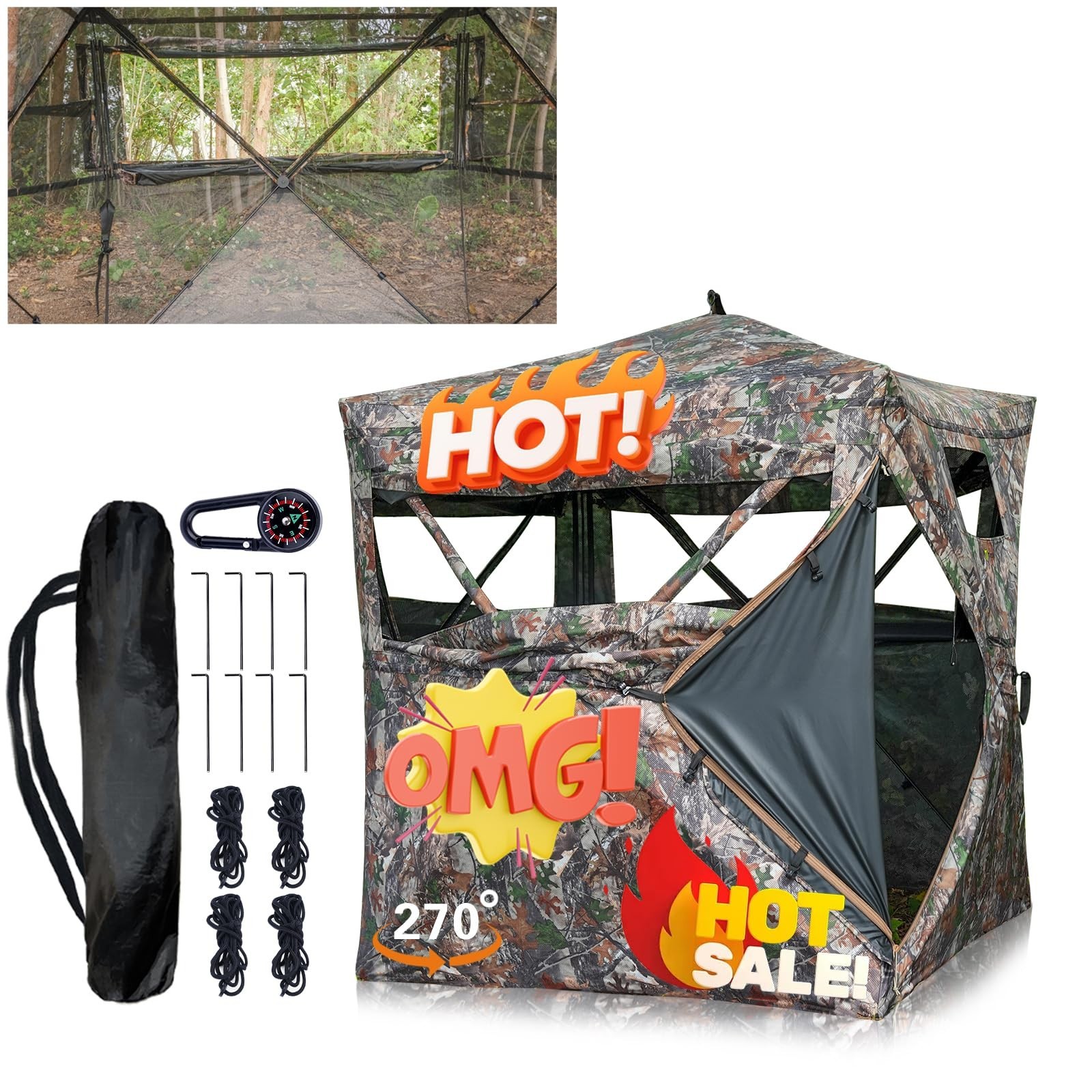 Beviliu 2/3 Person Pop Up Hunting Blind 270/360 Degree See Through Camouflage
