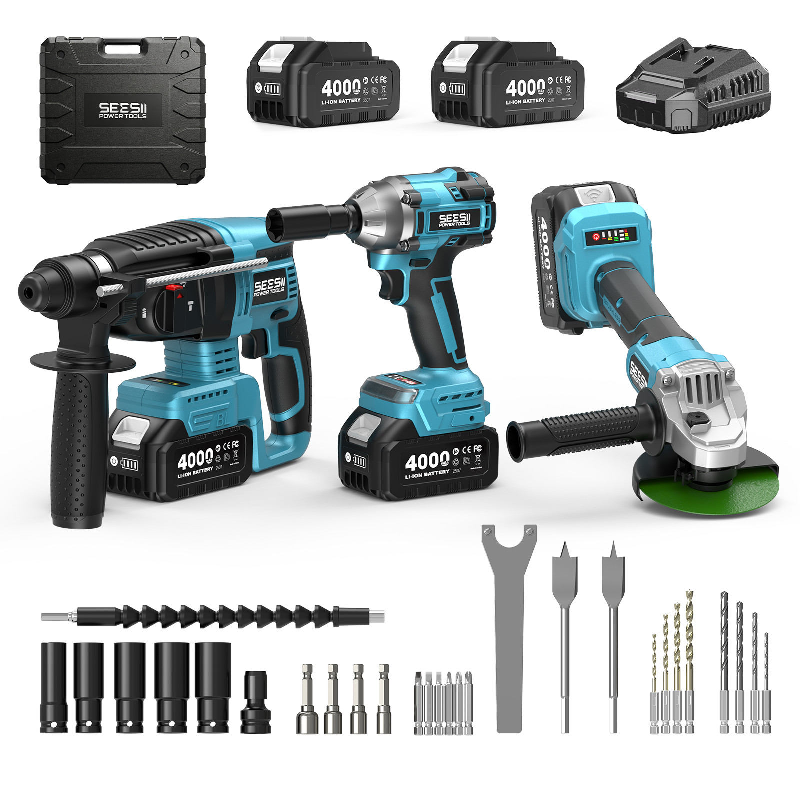 SEESII 3 Set Cordless Combo Kit Power Tools Hammer/Angle Grinder/Impact Wrench