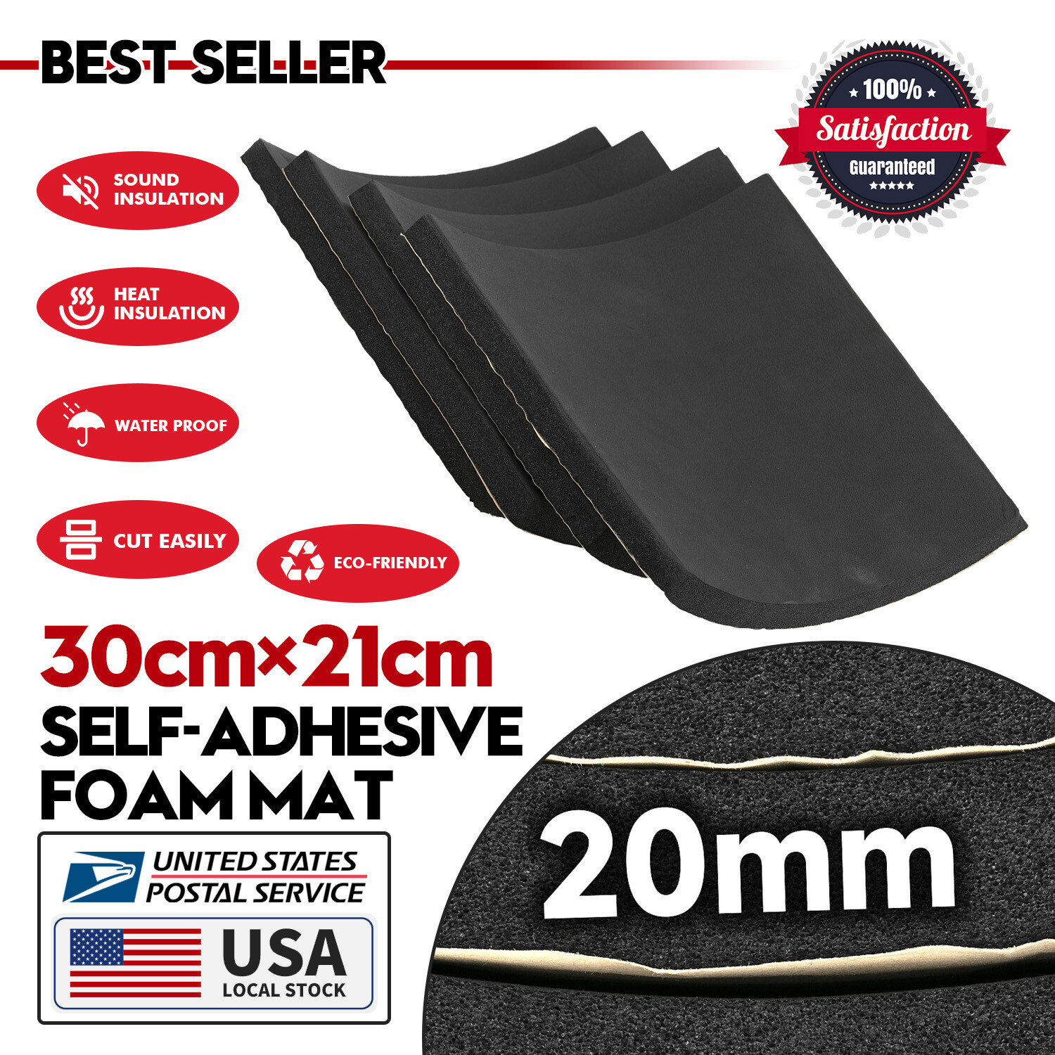 4x Adhesive Neoprene Rubber Sheet Sponge Foam Pad for Craft 2cm Thickness