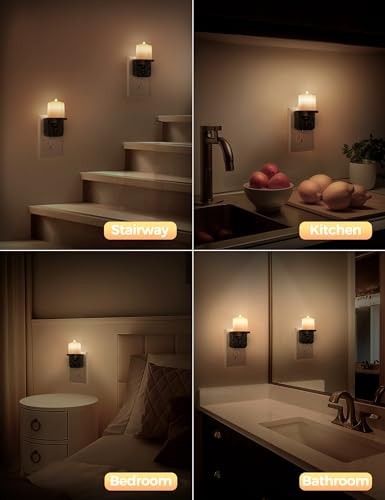 Flameless Candle Night Light, Night Lights Plug into Wall Pack, 2 Black Warm