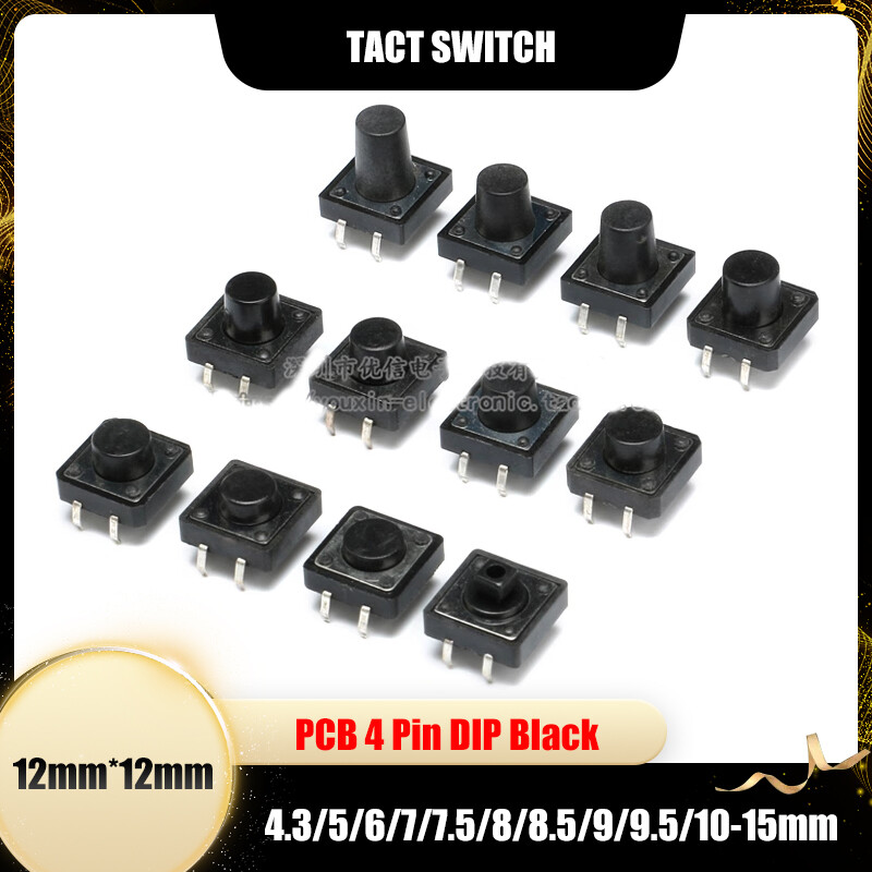 Tactile Tact Switch Momentary Switch PCB 4 Pin DIP Black 12mm*12mm*(4.3/5-15mm)
