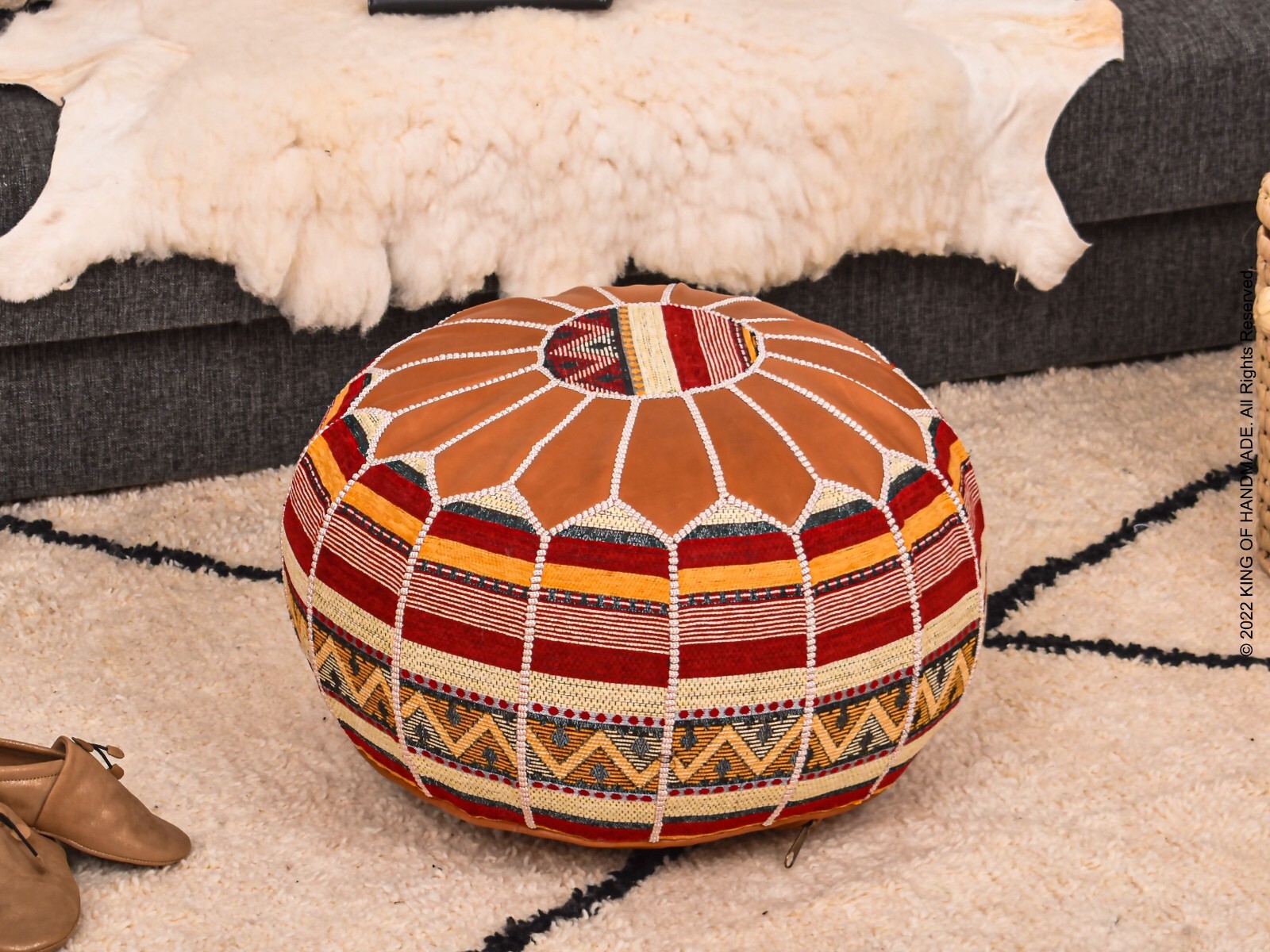 Moroccan Handmade Genuine Leather Boho Pouf Ottoman Footstool Pouffe TAN