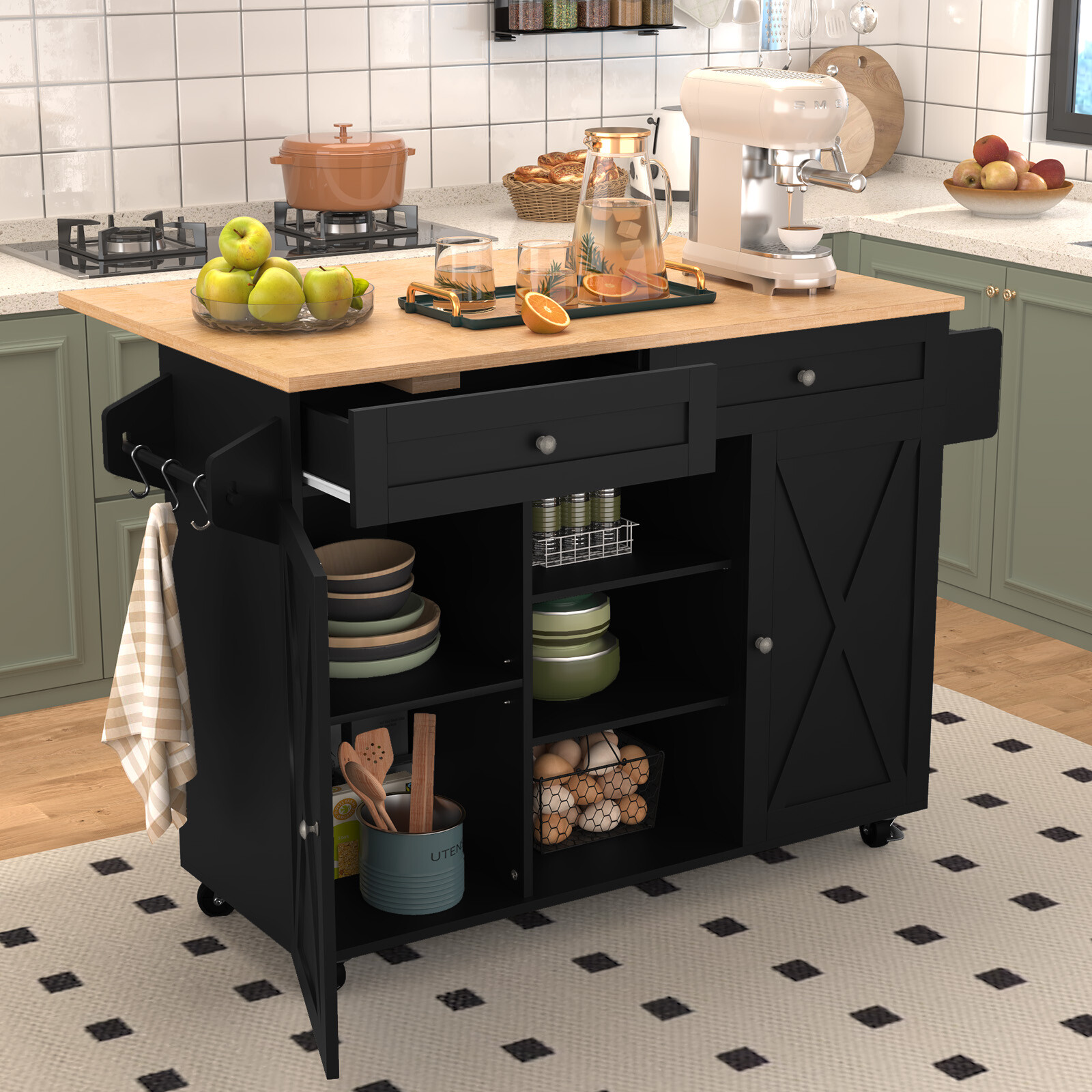 Rolling Kitchen Island with Drop Leaf Movable Kitchen Carts on Wheels Island NEW