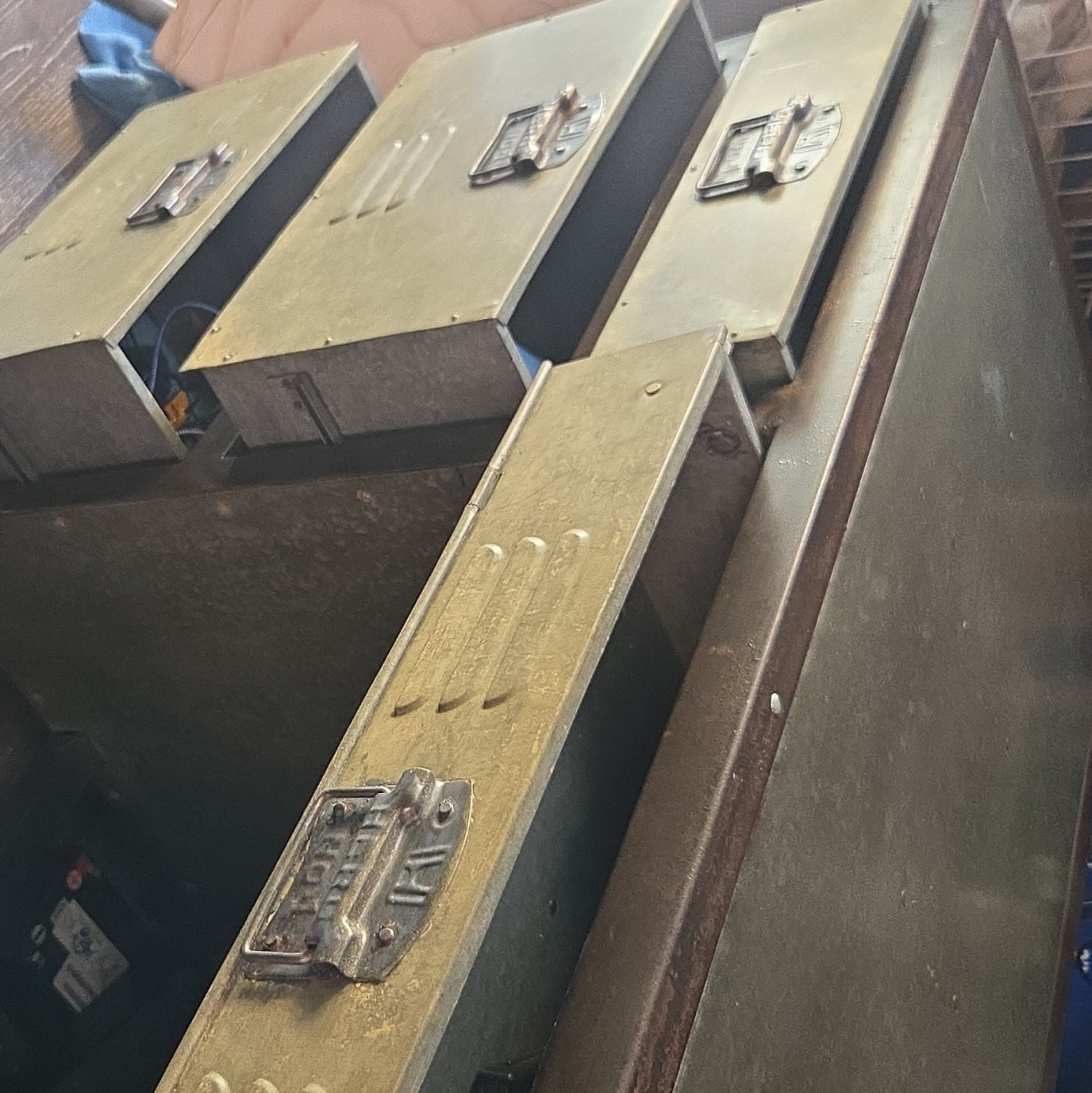 Early 20th Century Industrial Metal desk/workbench. pull out trey/3 drawers