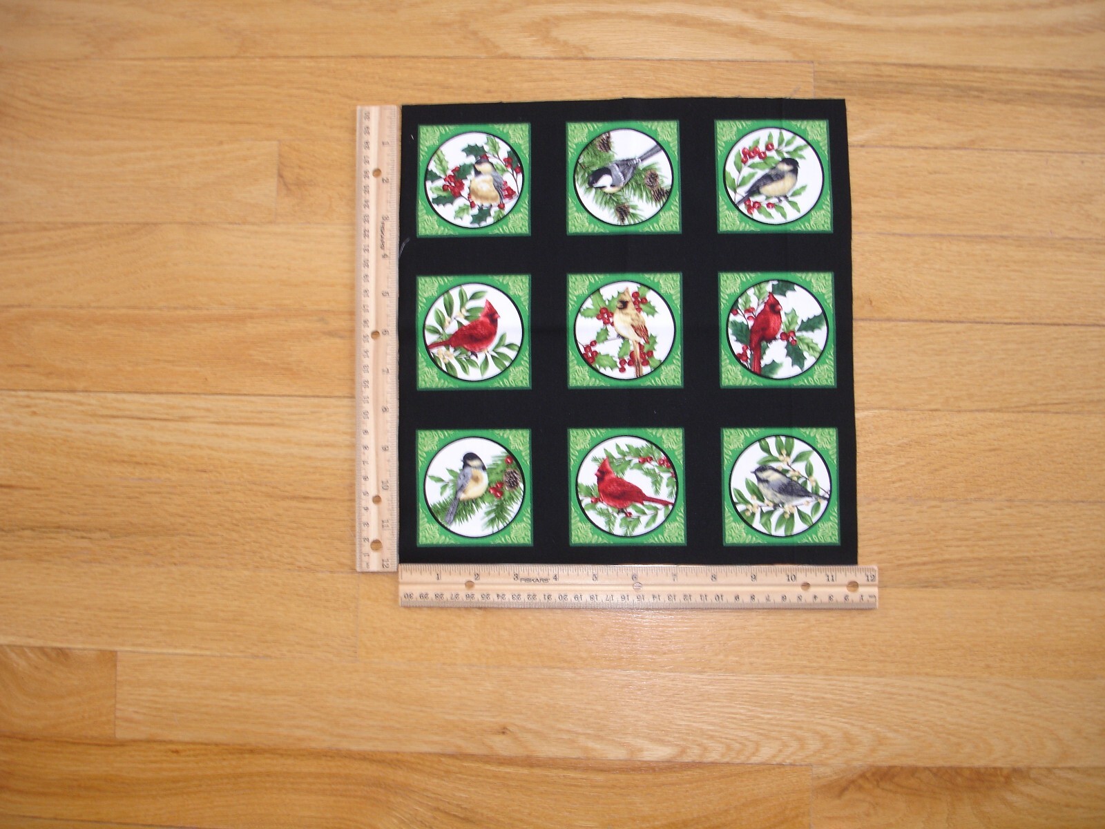 Winter Birds Chickadees Cardinals  (B)   Cotton Quilt Fabric Panel Blocks (9)