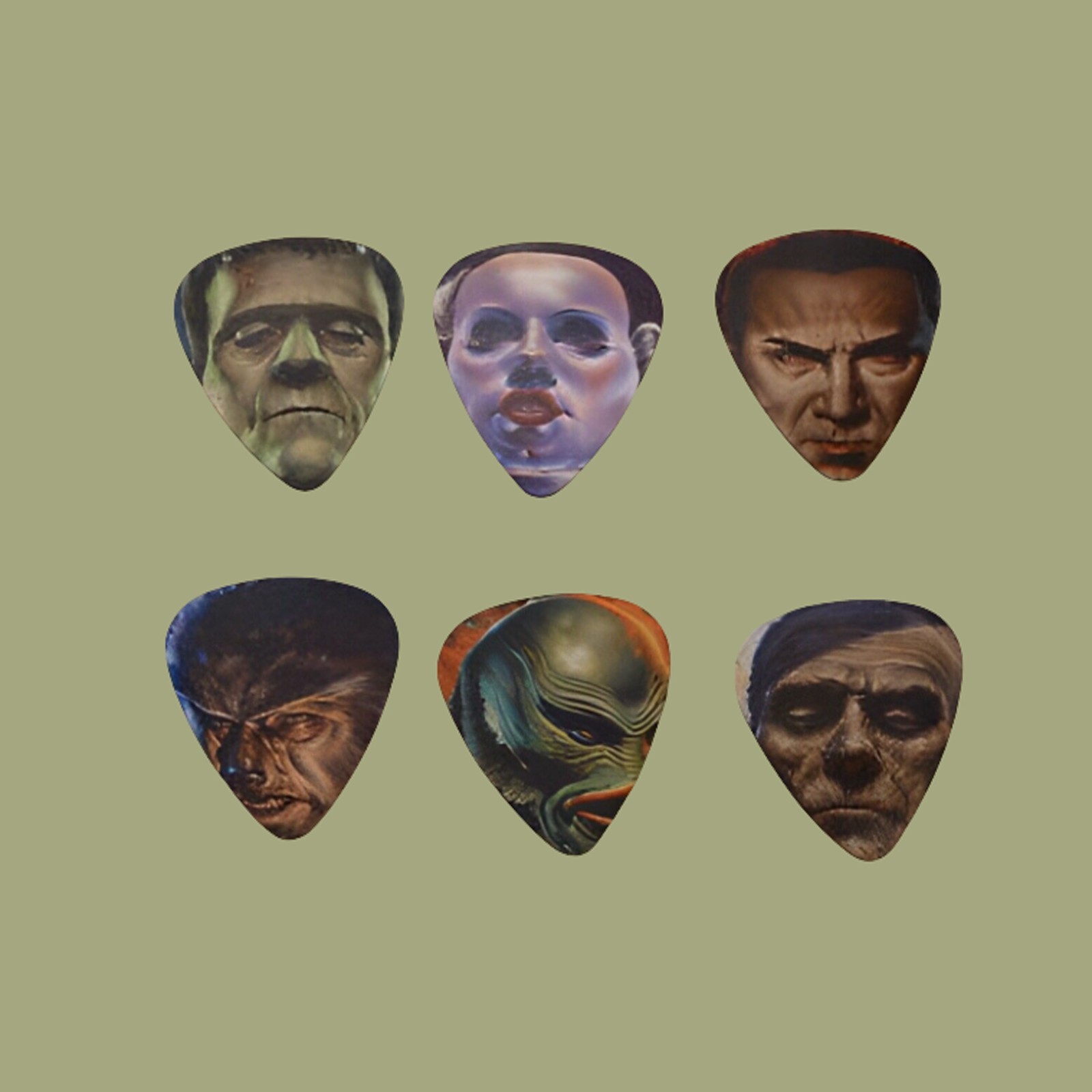 Old School Monsters Character  SINGLE SIDED PICTURE GUITAR PICKS Set of 6