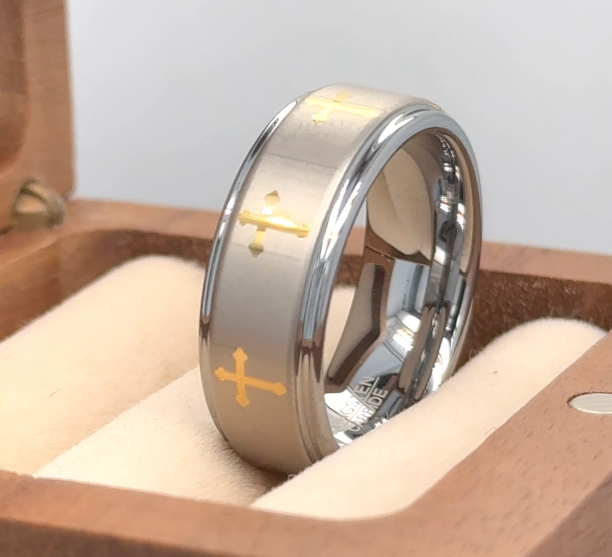 Men's Silver With Gold Crosses Wedding Band Tungsten Engagement Ring Groom Ring