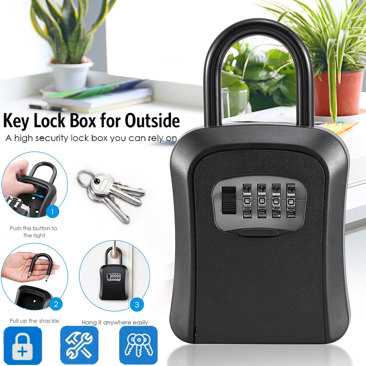 Key Lock Box for Door Handle Waterproof Resettable 4-Digit Combination Lockbox