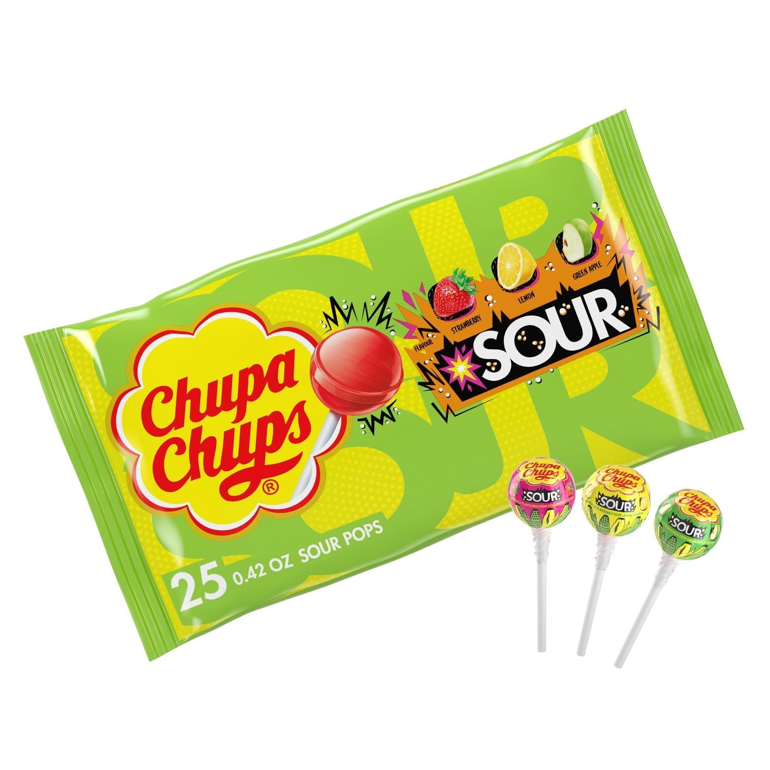 SOUR Lollipops, Variety Pack, Lemon, Strawbery & Apple Flavored, Individually Wr