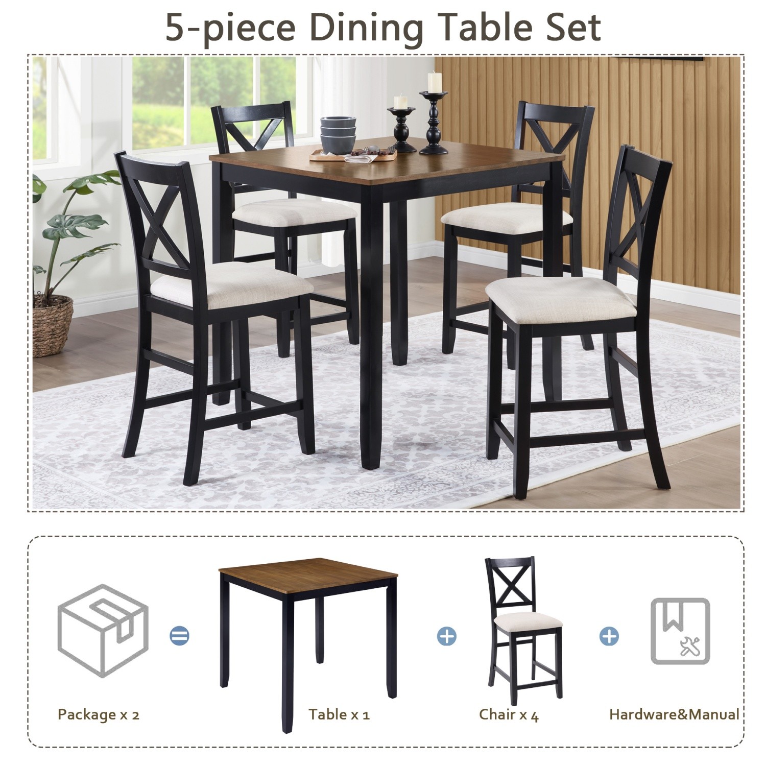 5-Piece Square Dining Table Set with Wood Kitchen Table and 4 Upholstered Chairs