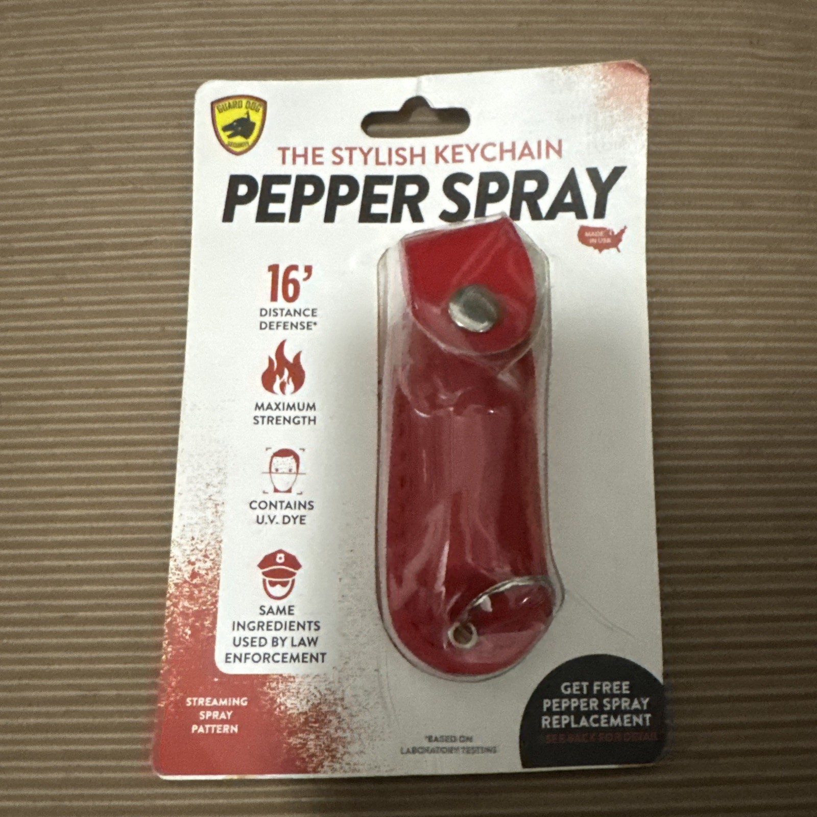 Pepper Spray Keychain w/ Invisible UV Dye & Red Leather Case 16 Foot Spray Range