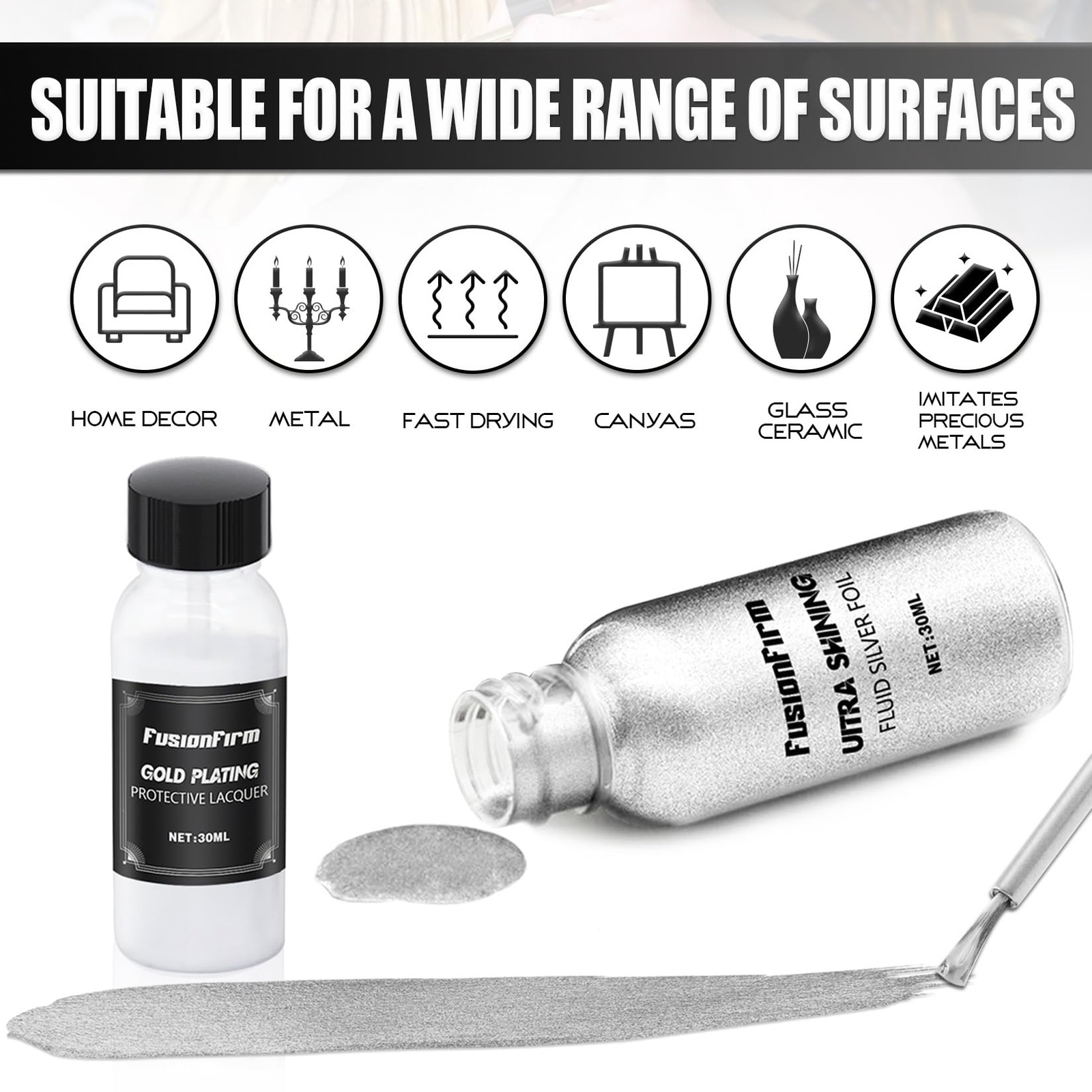 FusionFirm Liquid Leaf Paint - Alcohol-Based 1 Fl Oz (Pack of 1), Silver