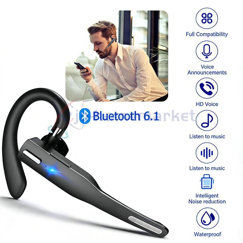 Trucker Wireless Headset Bluetooth 6.1 Earpiece Dual Mic Earbud Noise Cancelling