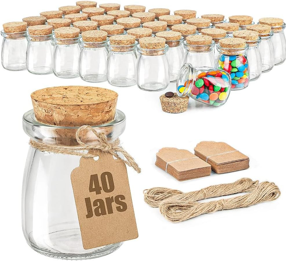 40 Pack Glass Favor Jars with Cork Lid, 3.4 Oz Small Glass Bottles for Wedding F