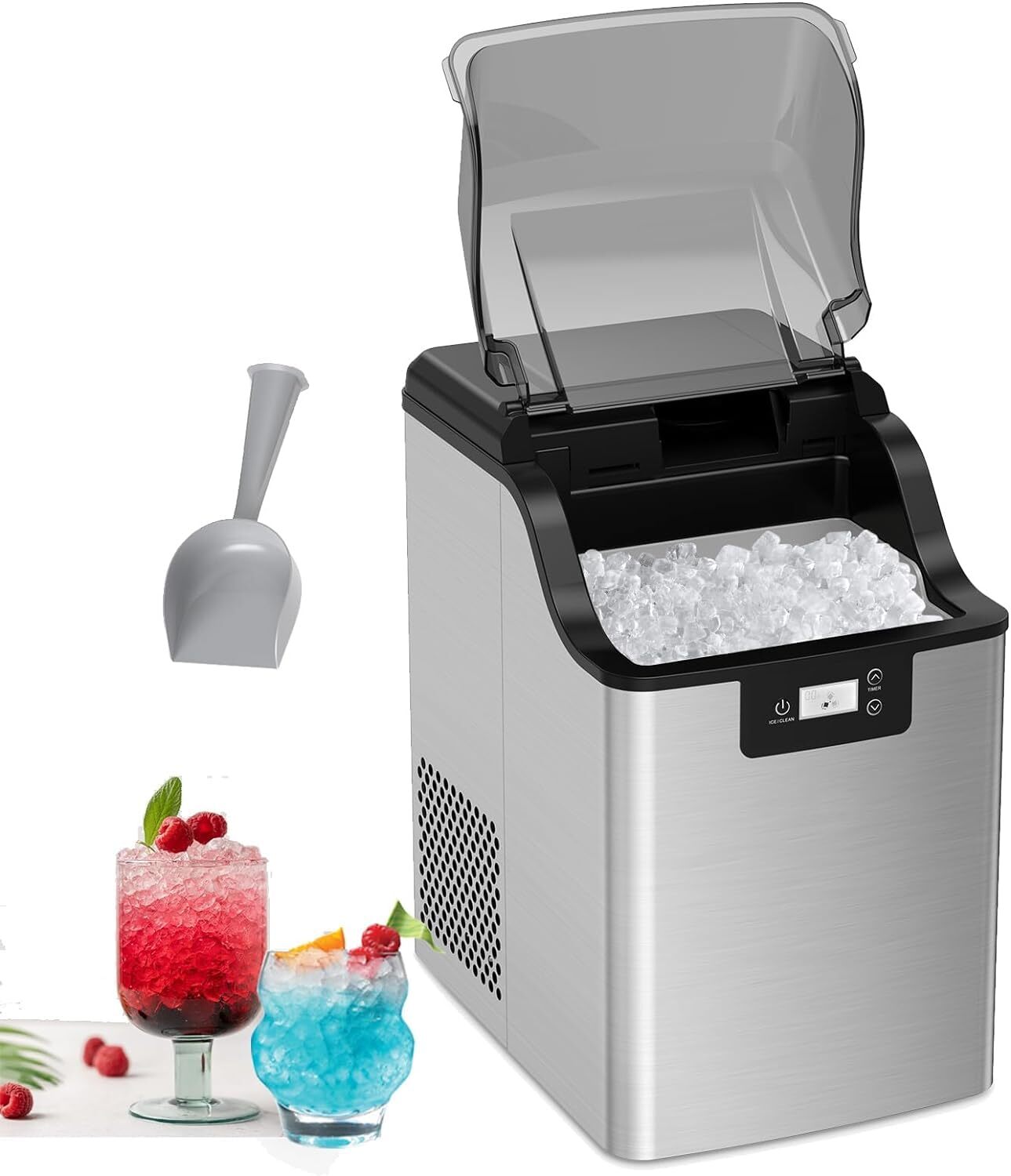 Zstar Nugget Ice Maker, Stainless Steel Countertop Ice Machine 44Lbs/24H