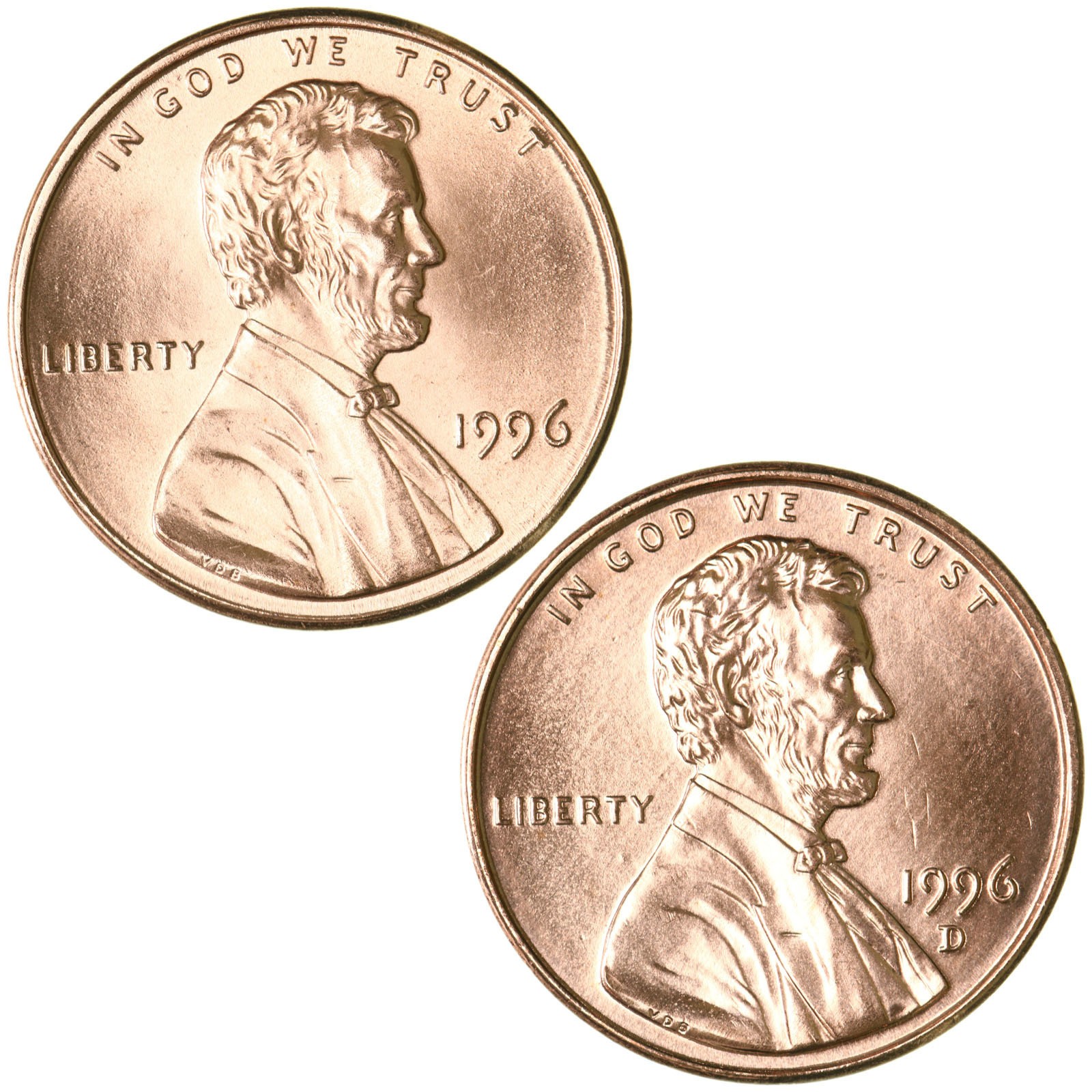 1996 P D Lincoln Memorial Cent Brilliant Uncirculated 2 Coin Year Set