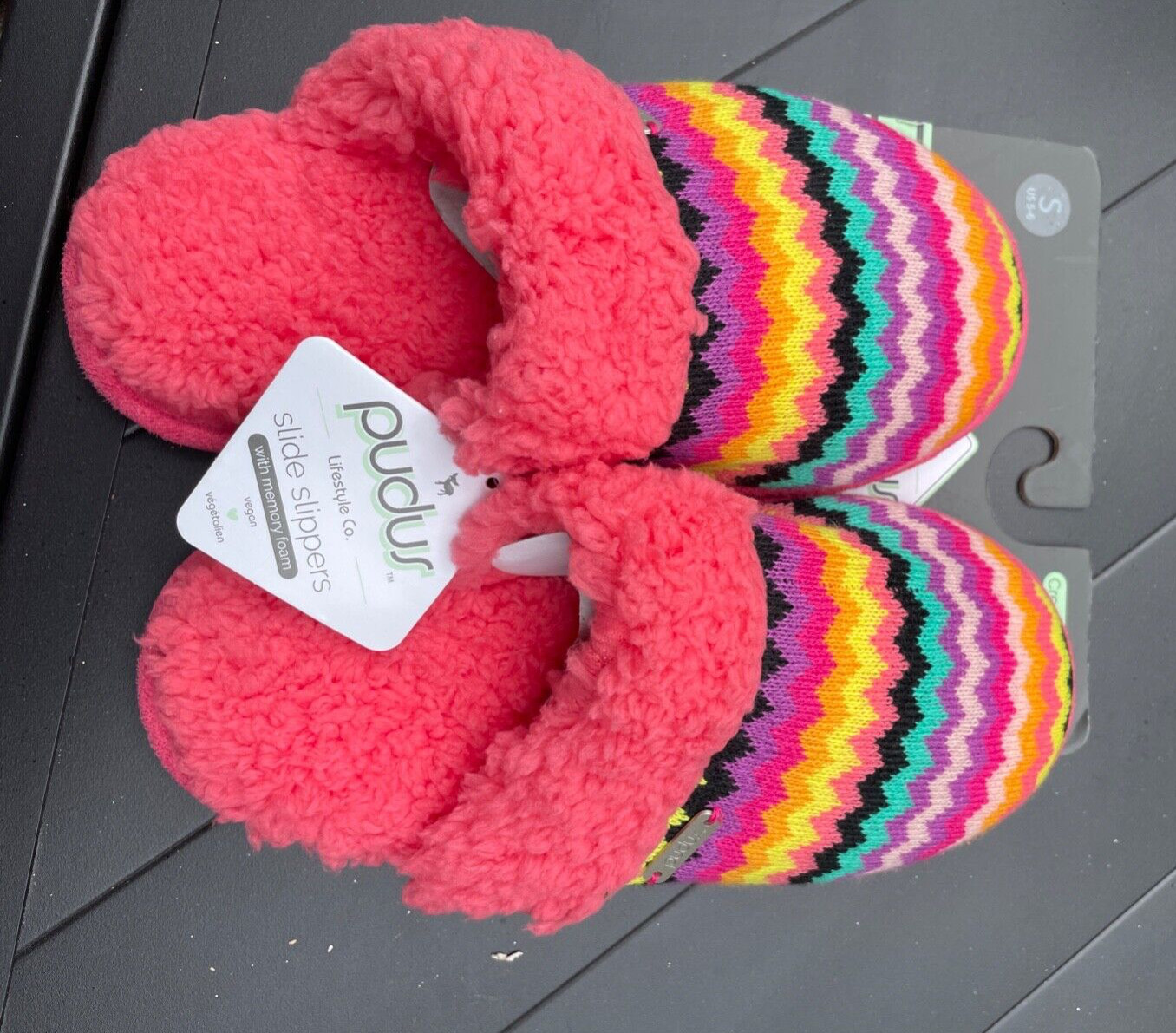 NWT Pudus Slippers Slide Knit Faux Fur Pink Bright Colors Size S  5 / 6 NEW