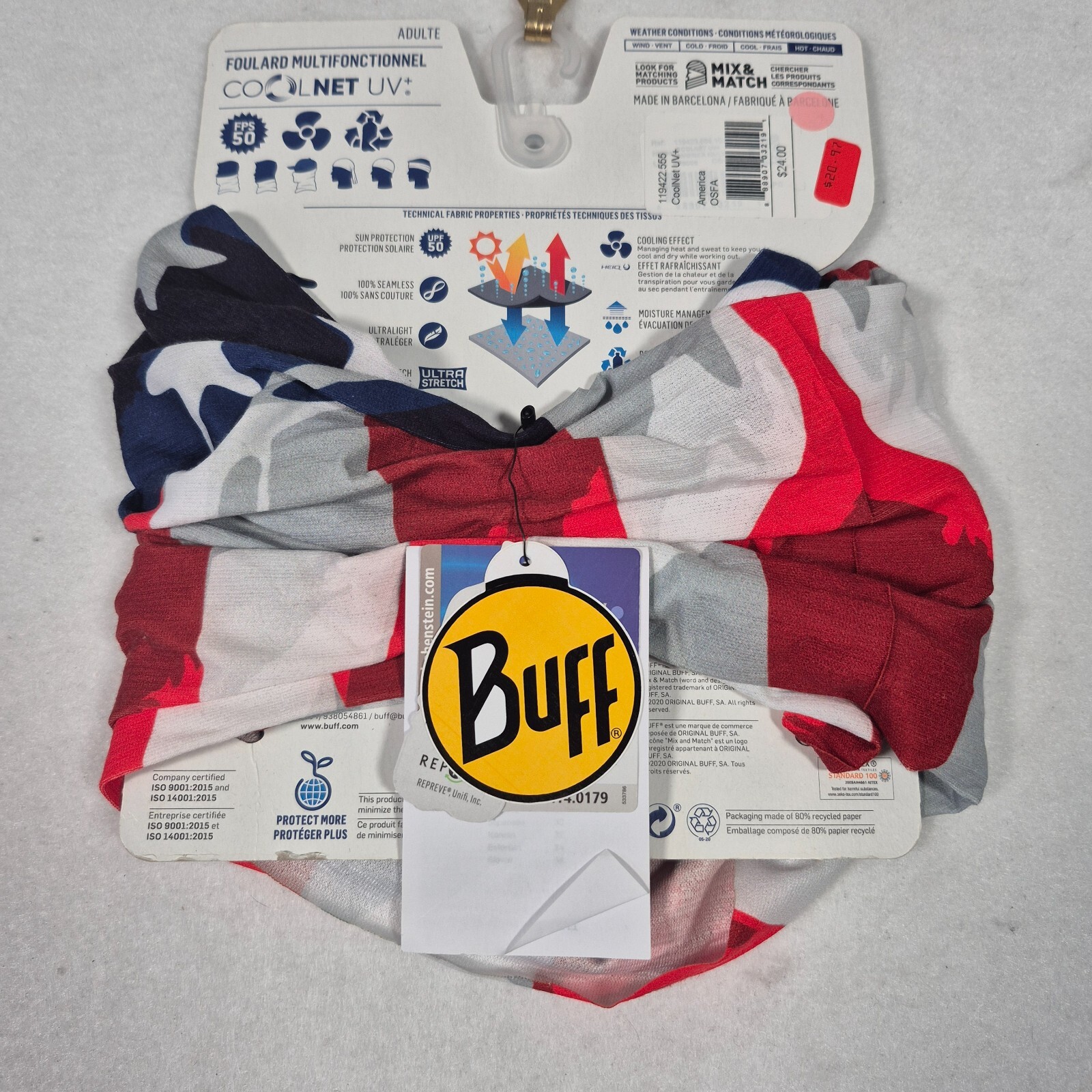 BUFF Coolnet UV+ Multifunctional Active Cooling Headwear UPF 50 Red/White/Blue