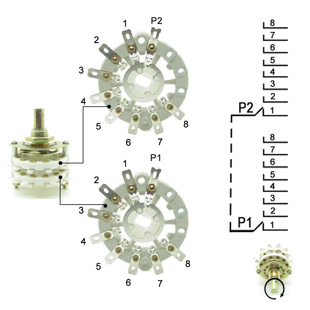 Band Switch Rotary Channel Selector 2 Deck 2 Pole 8 Position Throw 2P8T + Knob