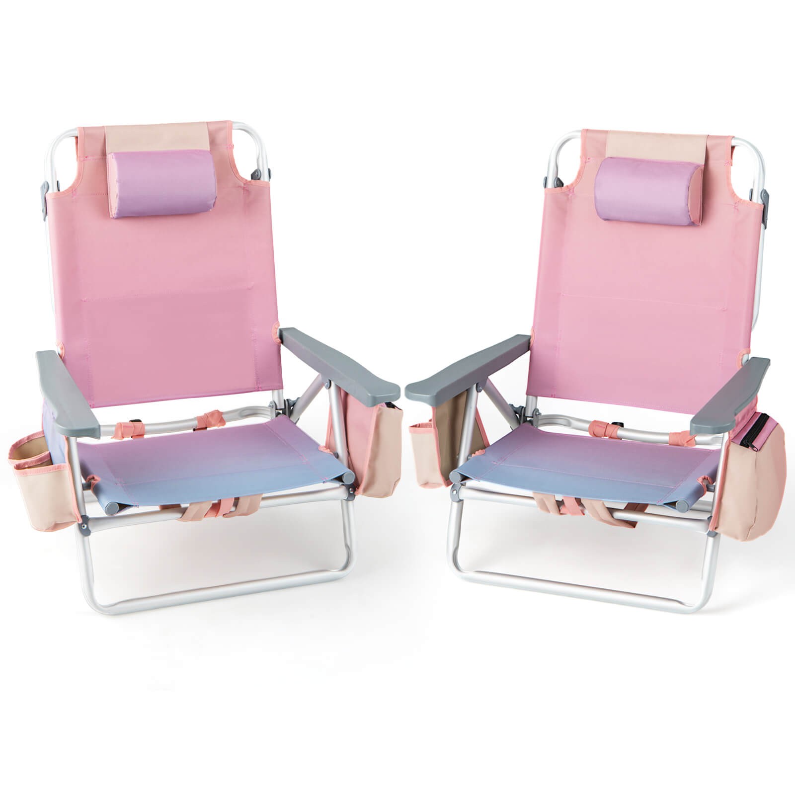 2-Pack Folding Backpack Beach Chair 5-Position Outdoor Reclining Chairs w/Pillow