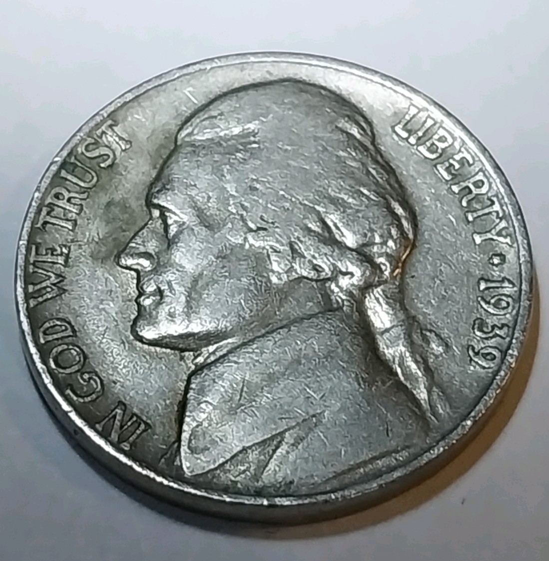 1939 Error Jefferson Nickel. Reverse Doubling. Circulated. Needs Cleaning.