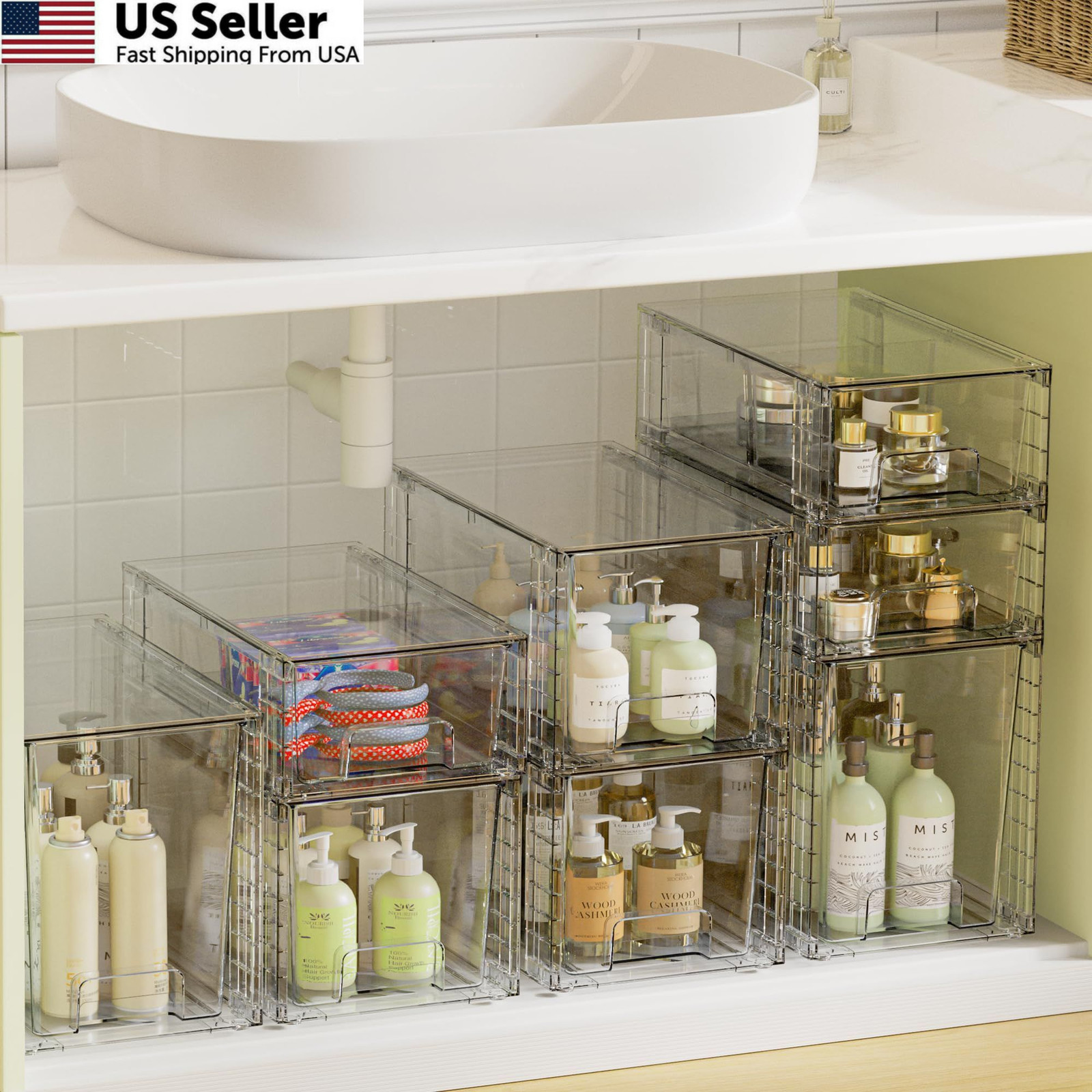 Vtopmart 3 Pack Clear Stackable Storage Drawers,Easy to Assemble Transparent