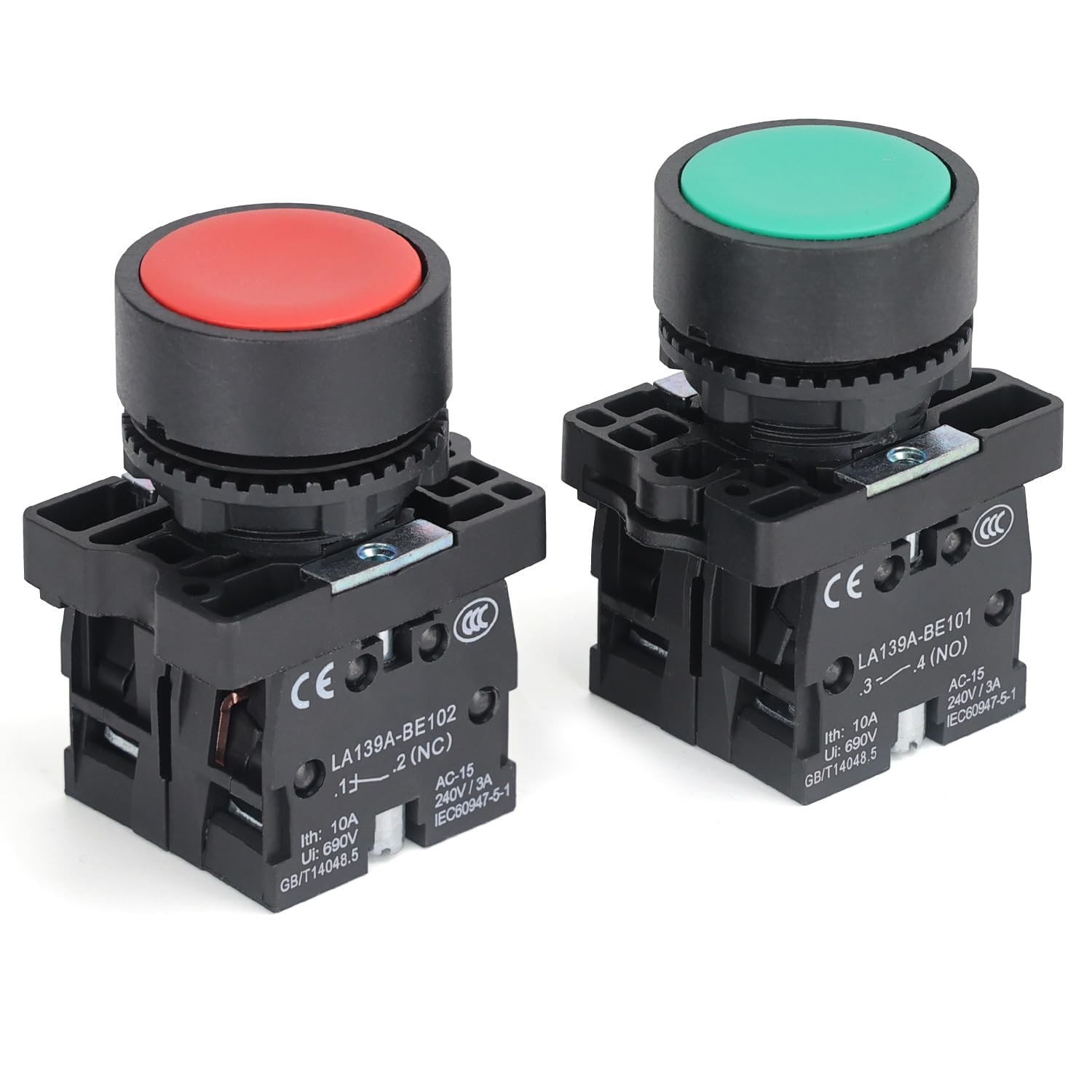 2 PCS 22mm Momentary Push Button Switch Red Green 10A 600V Plastic 1NO 1NC