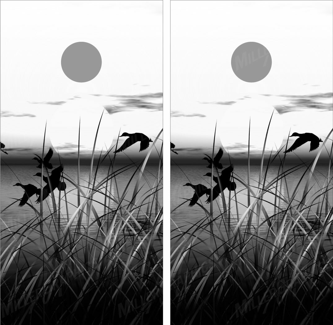 Ducks Flying Scenery (black and white) Cornhole Board Wraps Decals Graphics
