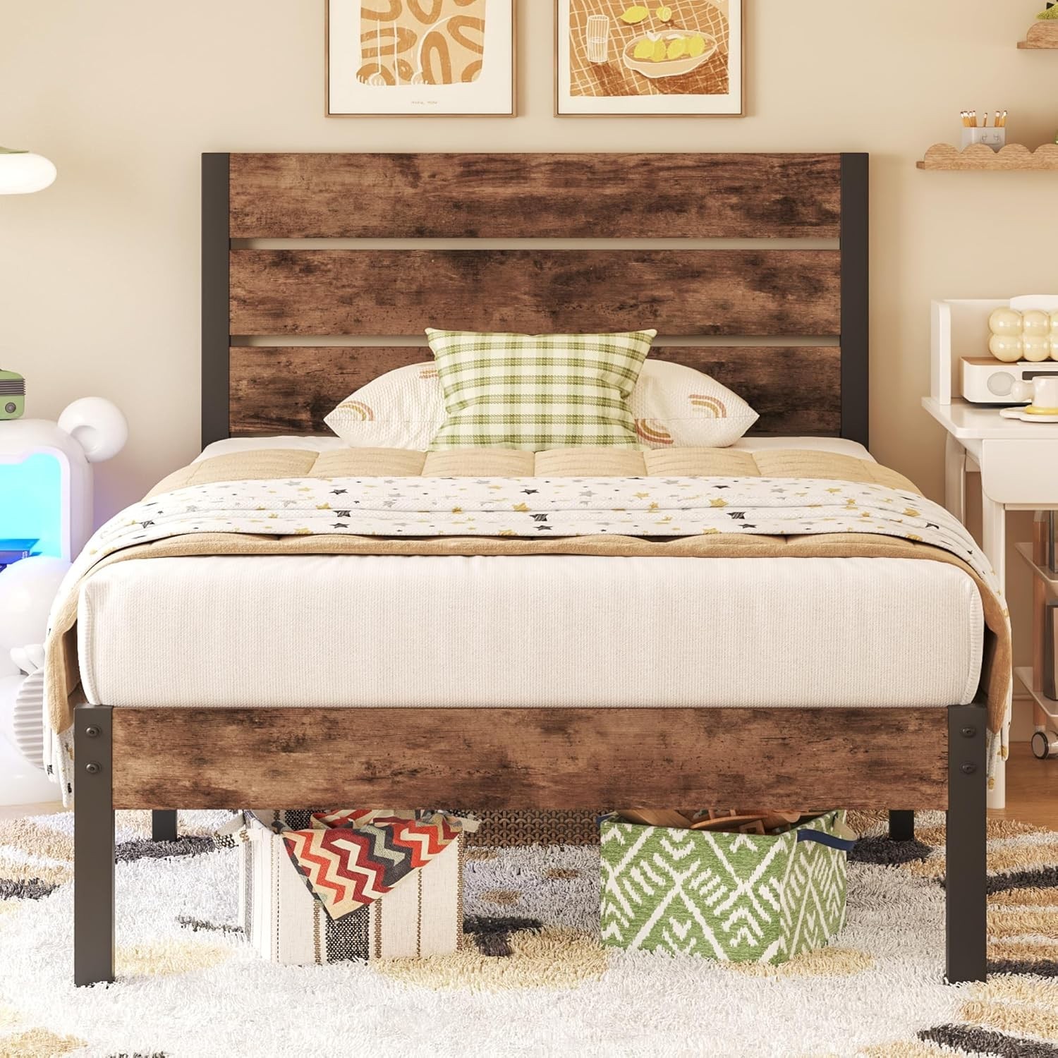 Twin Size Sturdy Metal Platform Bed Frame with Wood Headboard and Footboard