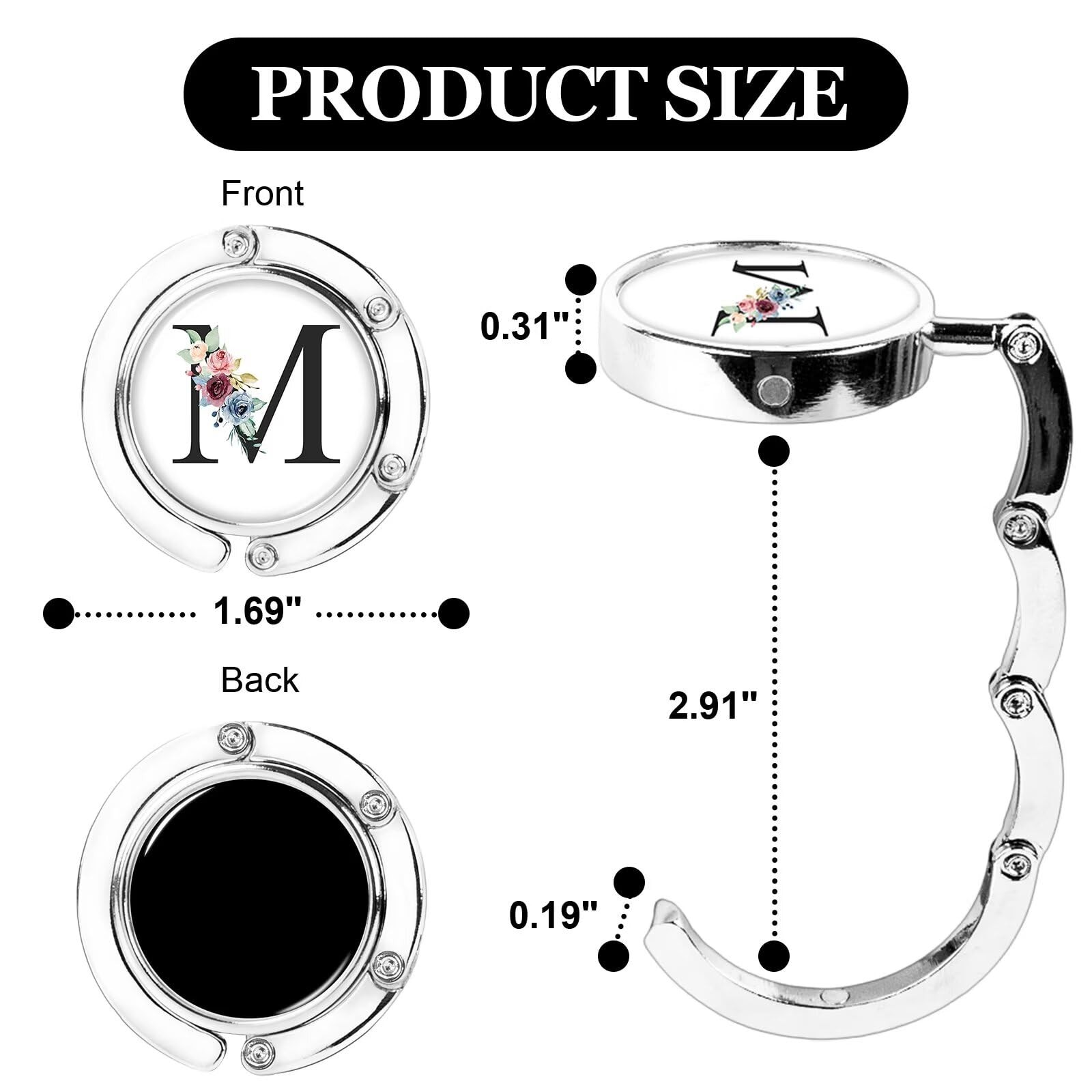 3Pcs Personalized Initial Foldable Purse Hook for Table,Crushed Flower Letter...