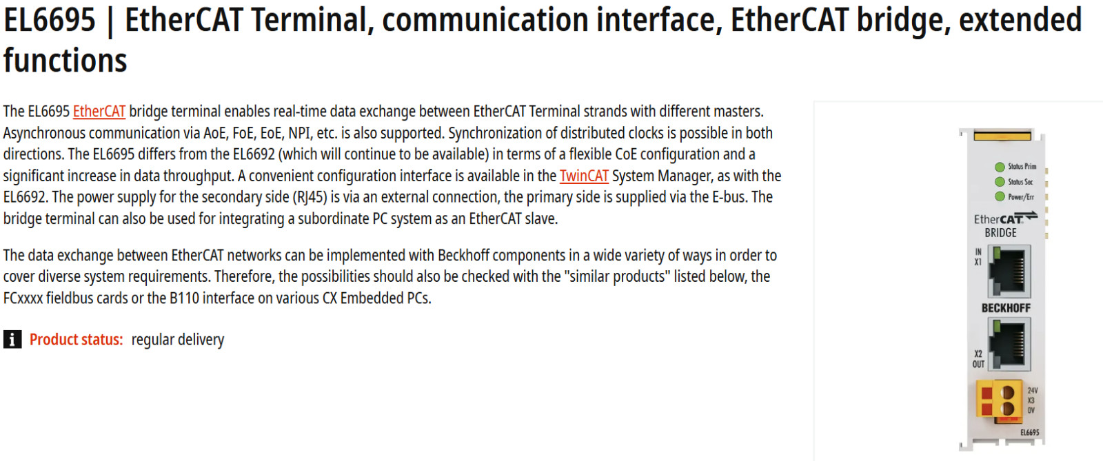 Beckhoff EL6695 EtherCAT Bridge Terminal