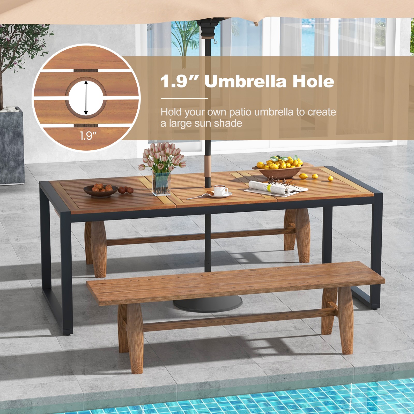 79" Acacia Wood 8-Person Patio Table w/ 1.9" Umbrella Hole, Adjustable Foot Pads