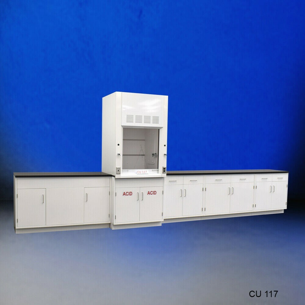 Fisher American 3' Fume Hood w/ ACID Storage &15' Laboratory Cabinets / E-239