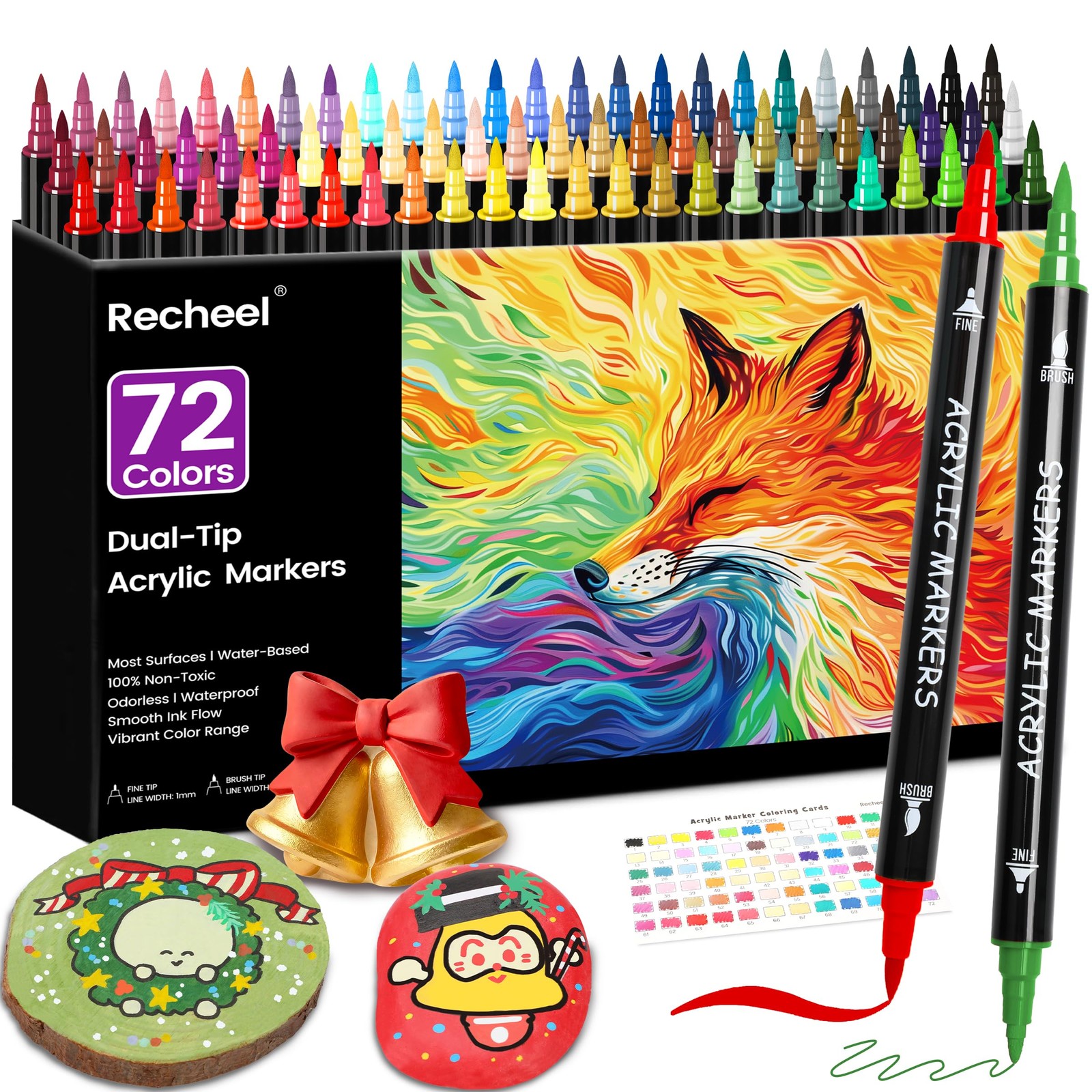 72 Colors Acrylic Paint Markers, Dual Tip with Fine Tip and Brush Tip Pens fo...