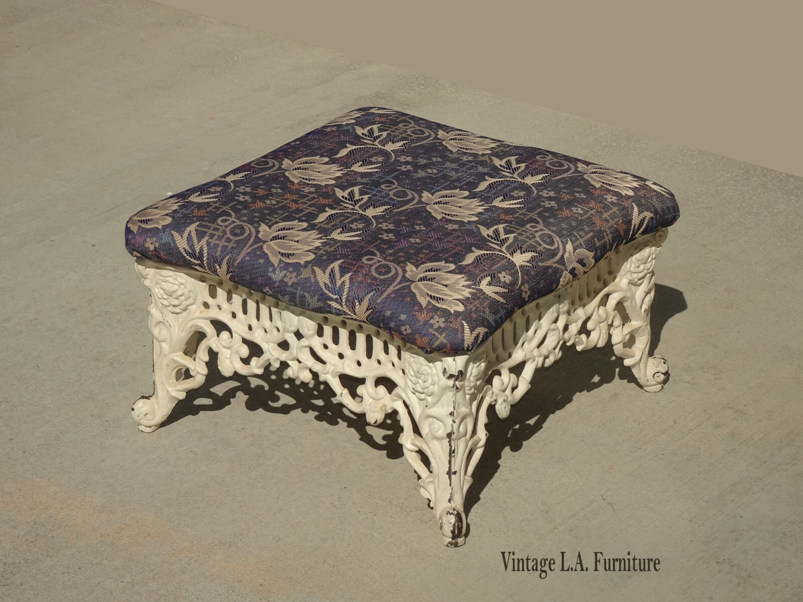 Vintage French Country Farmhouse White Cast Iron Footstool w Floral Fabric