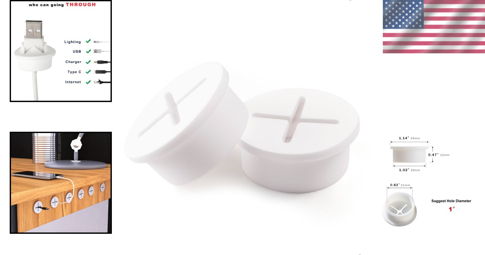 Elegant 2 Pack White Silicone Cable Grommets - Dust-Resistant & Flexible Design