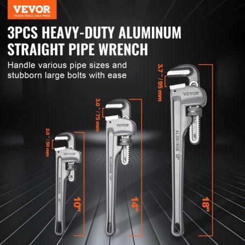 3Piece Pipe Wrench Set 10 14 18 Aluminum Straight Pipe Wrench