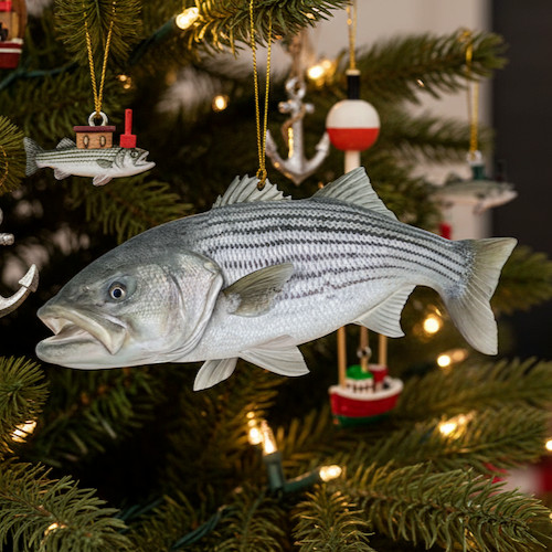 Realistic Striped Bass Flat Fish Ornament, Realistic Fish Christmas Decor