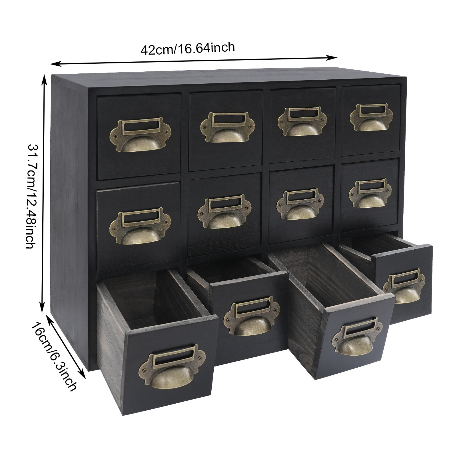 12 Drawers Wooden Desktop Organizer Home Storage Case Cosmetic Dresser Box Black